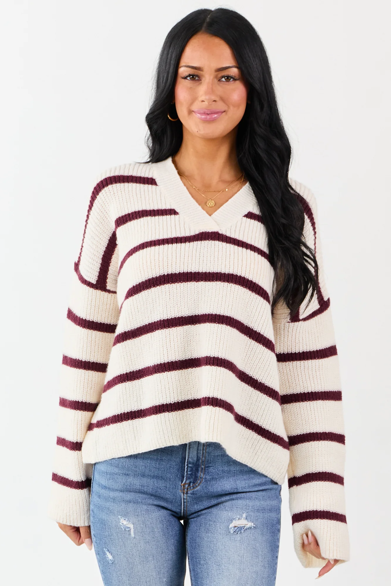 Cozy Cream & Mahogany Striped Sweater - Rib Knit V-Neck Style
