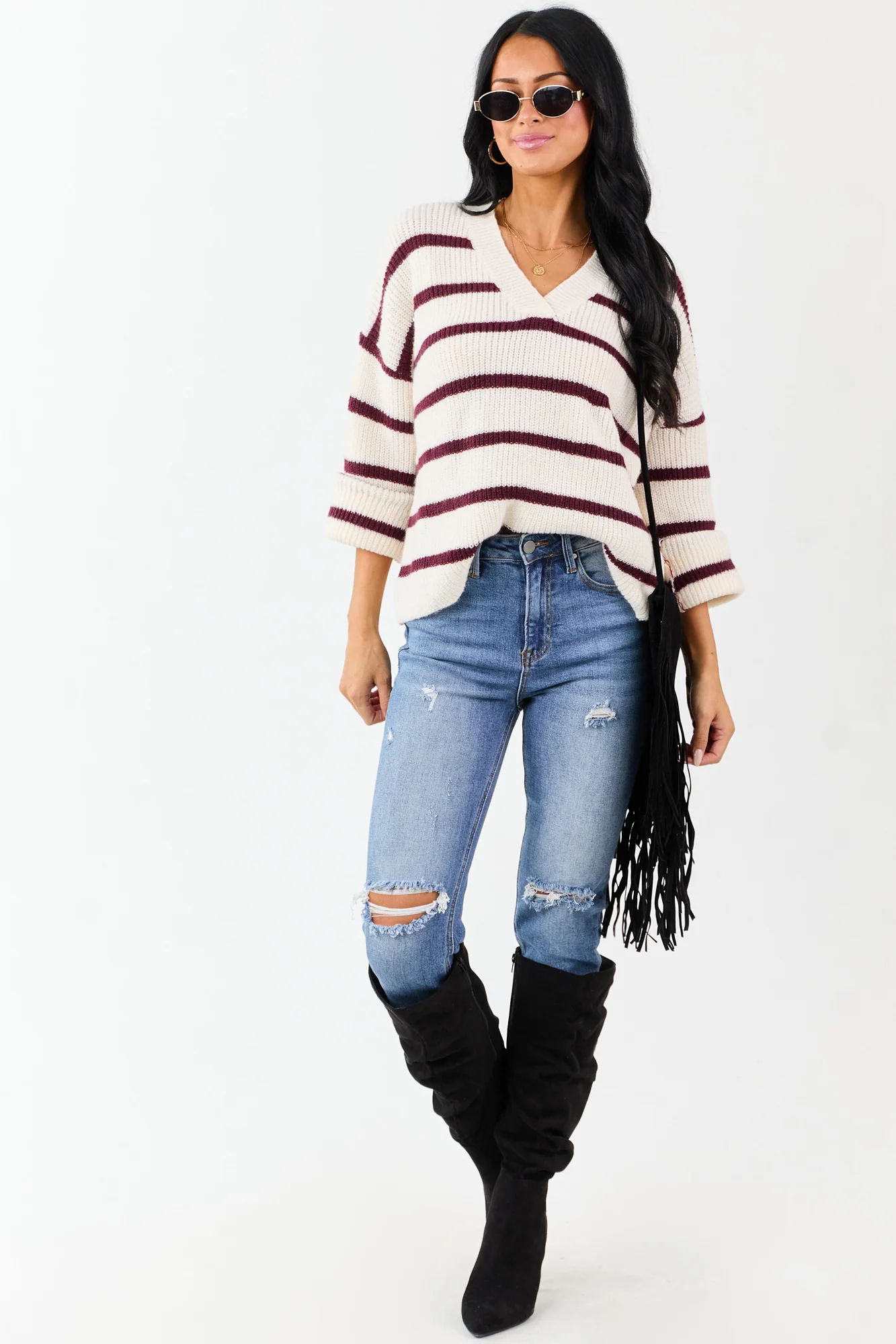 Cozy Cream & Mahogany Striped Sweater - Rib Knit V-Neck Style
