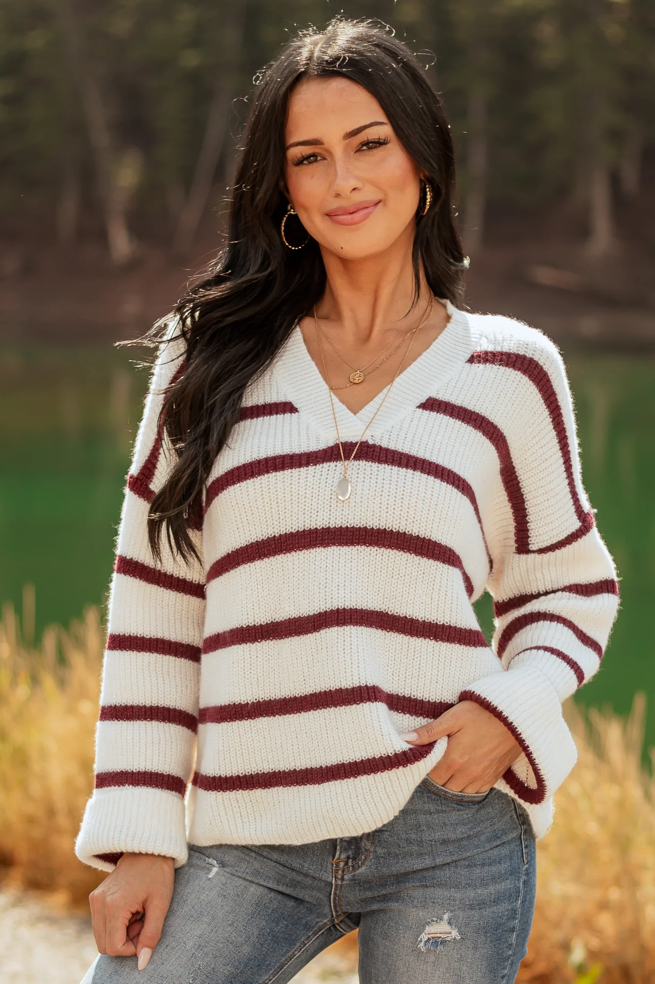 Cozy Cream & Mahogany Striped Sweater - Rib Knit V-Neck Style