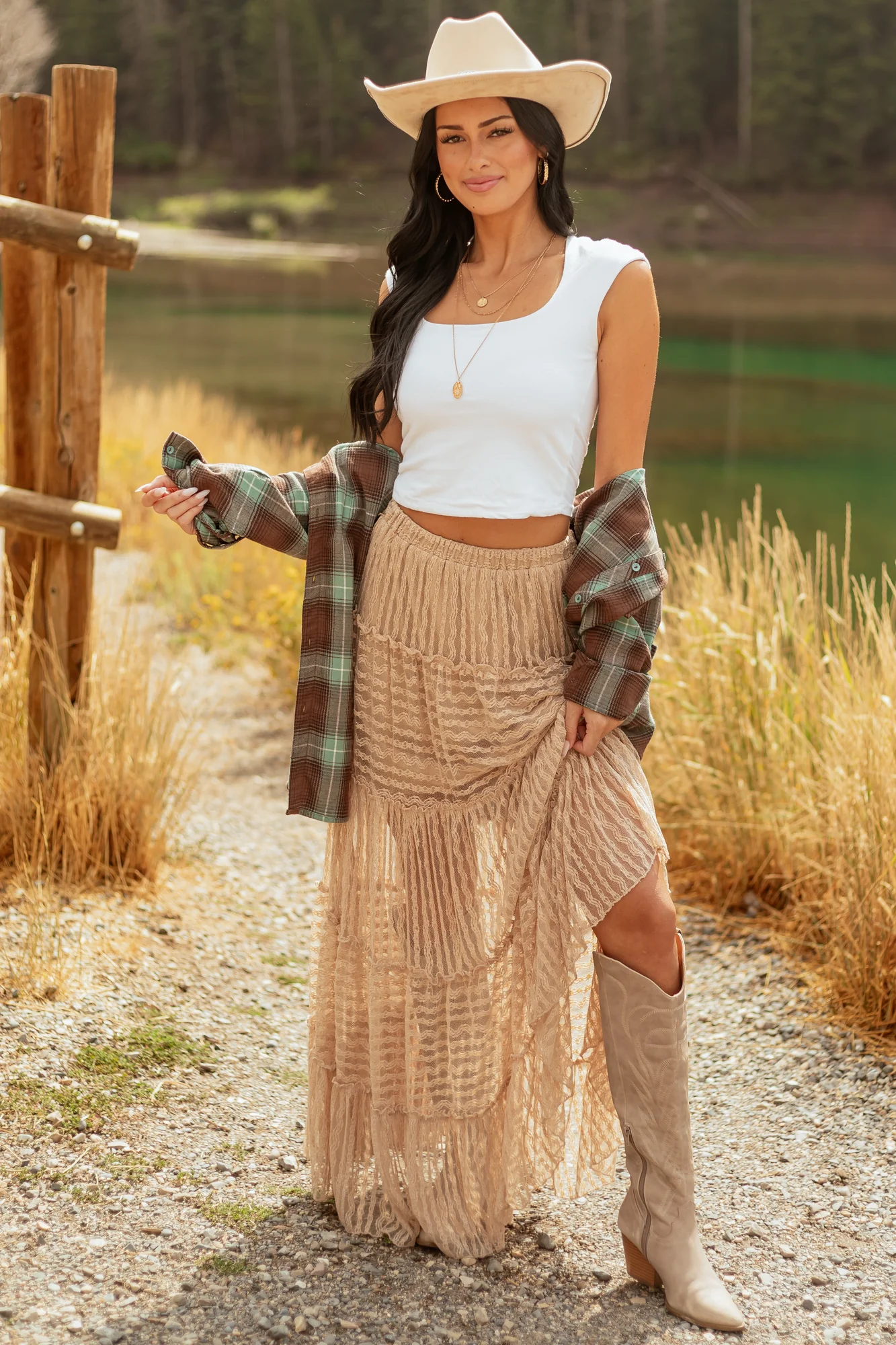 Romantic Lace Tiered Maxi Skirt in Latte Color