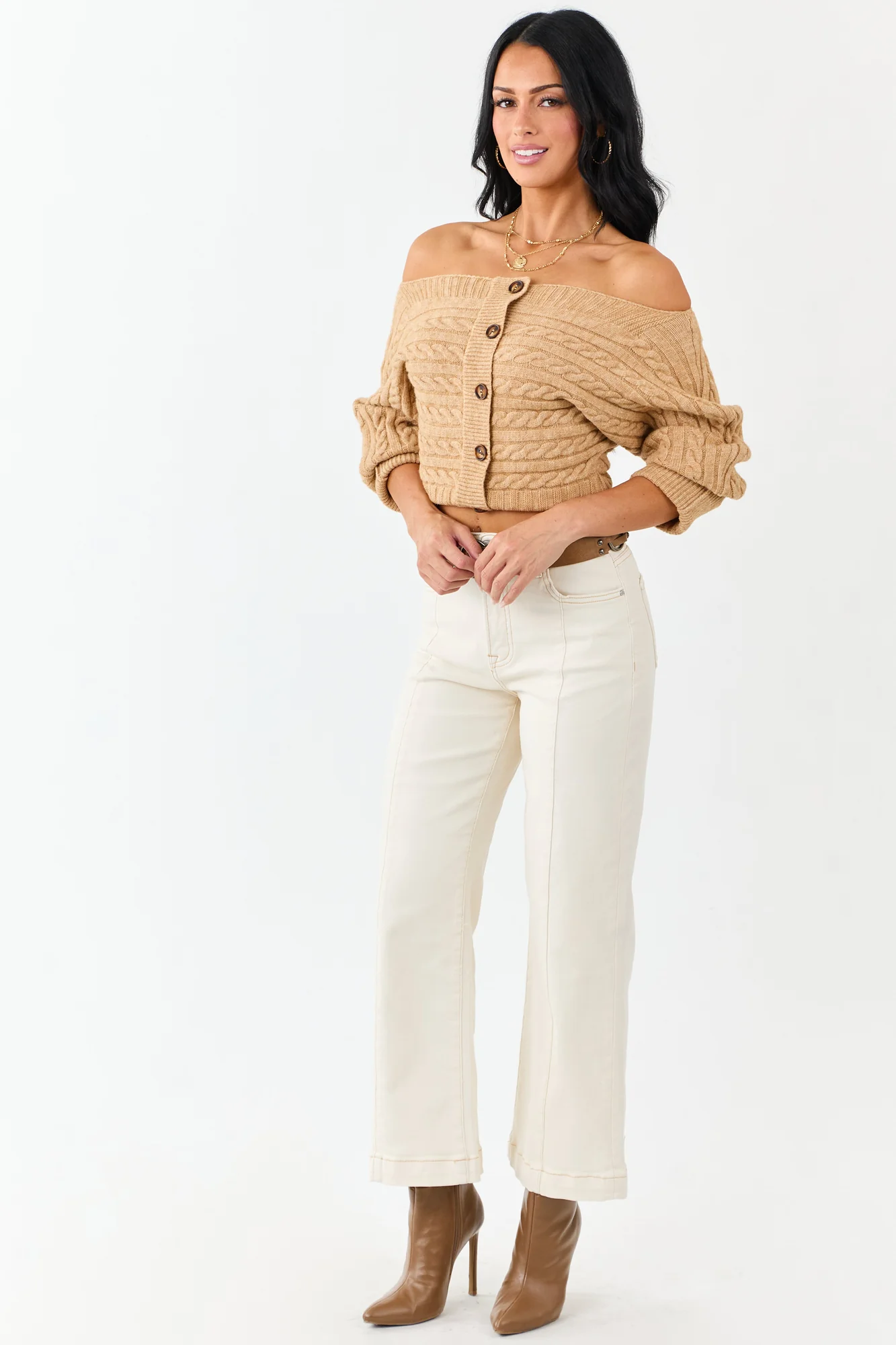 White Tummy Control Wide Leg Stretch Jeans for Women