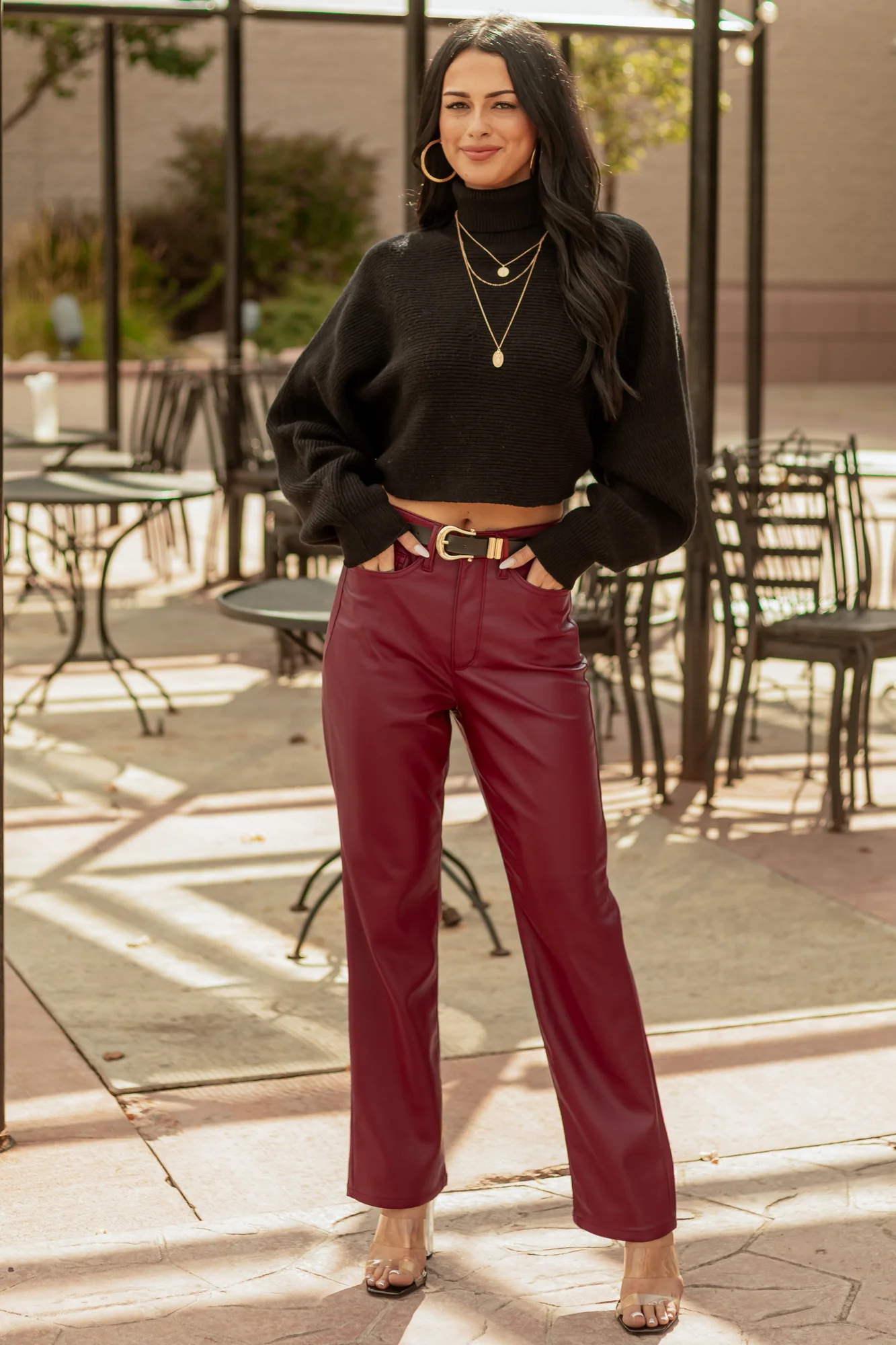 Burgundy Faux Leather Tummy Control Pants