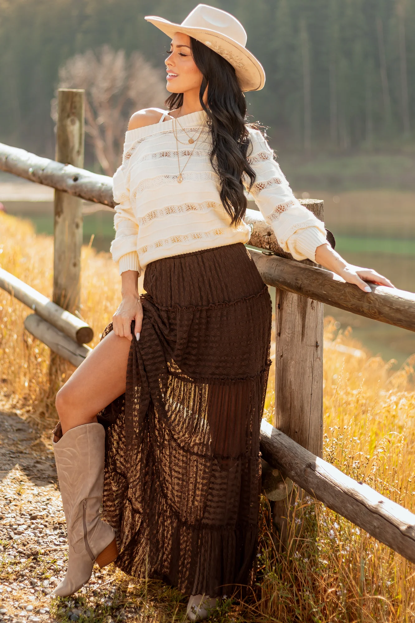 Brown Lace Tiered Maxi Skirt Flowy Design