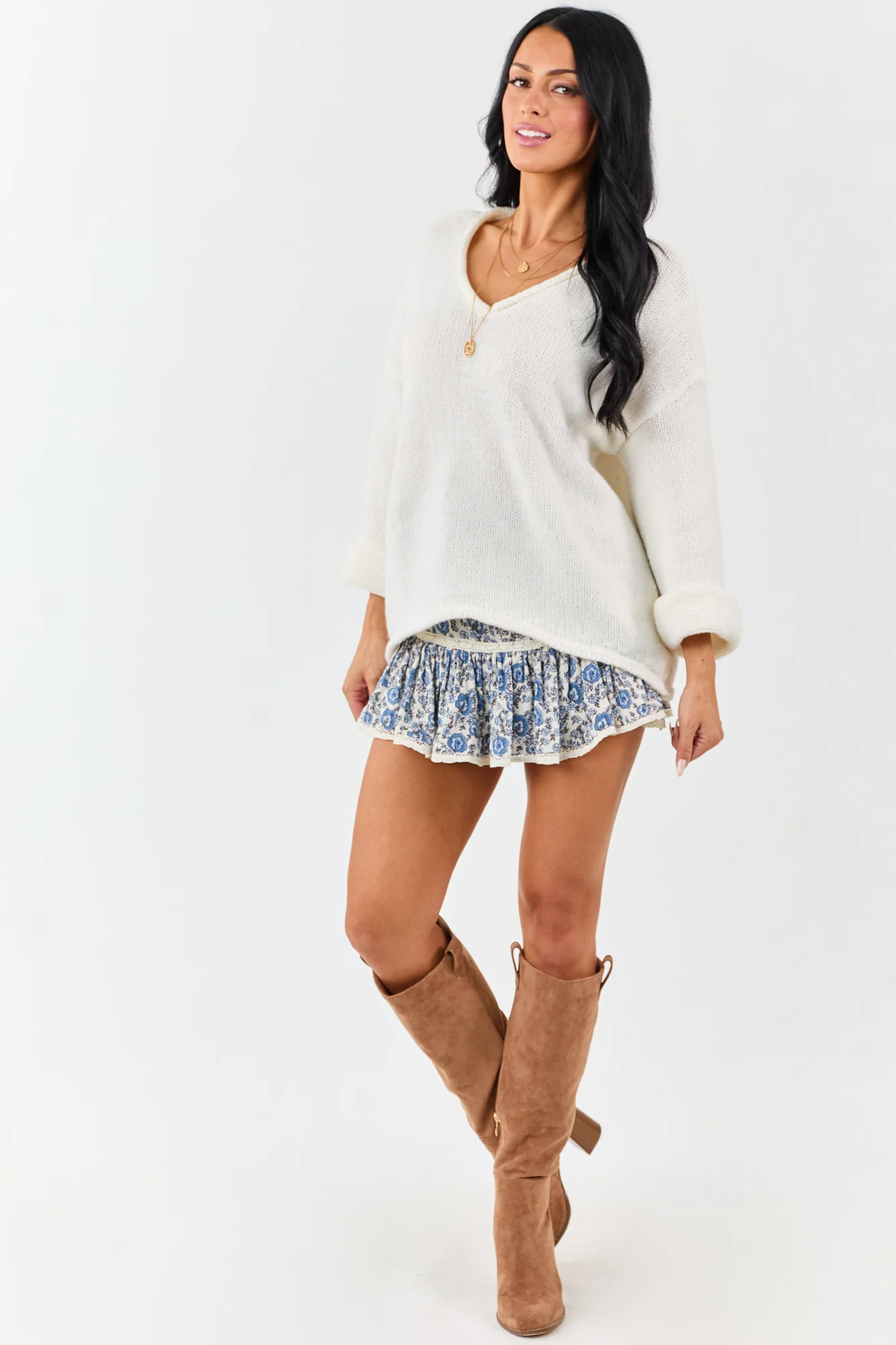 Ivory Cozy Knit V Neck Sweater