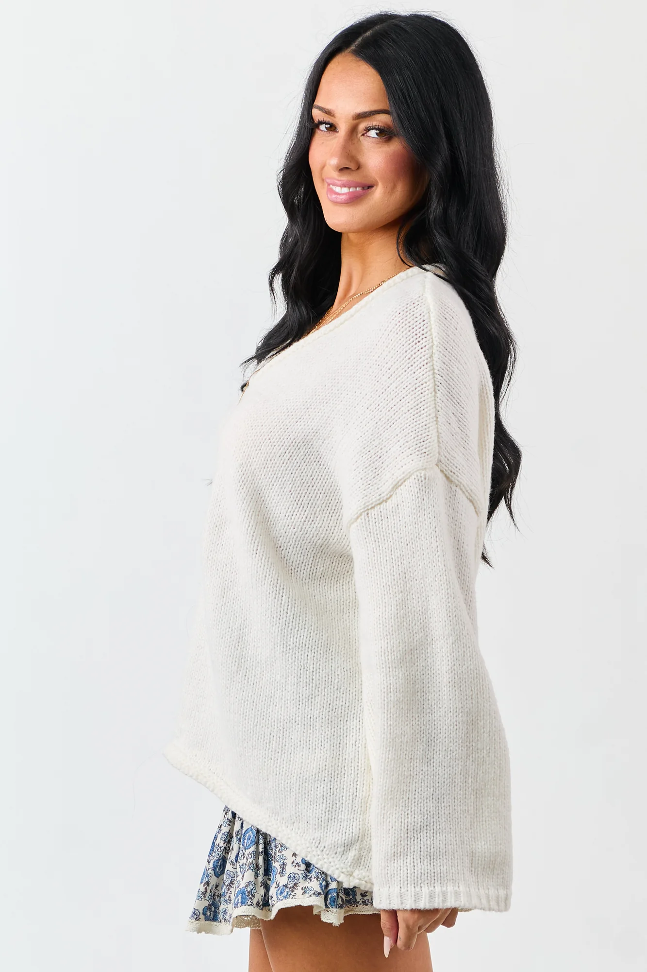 Ivory Cozy Knit V Neck Sweater