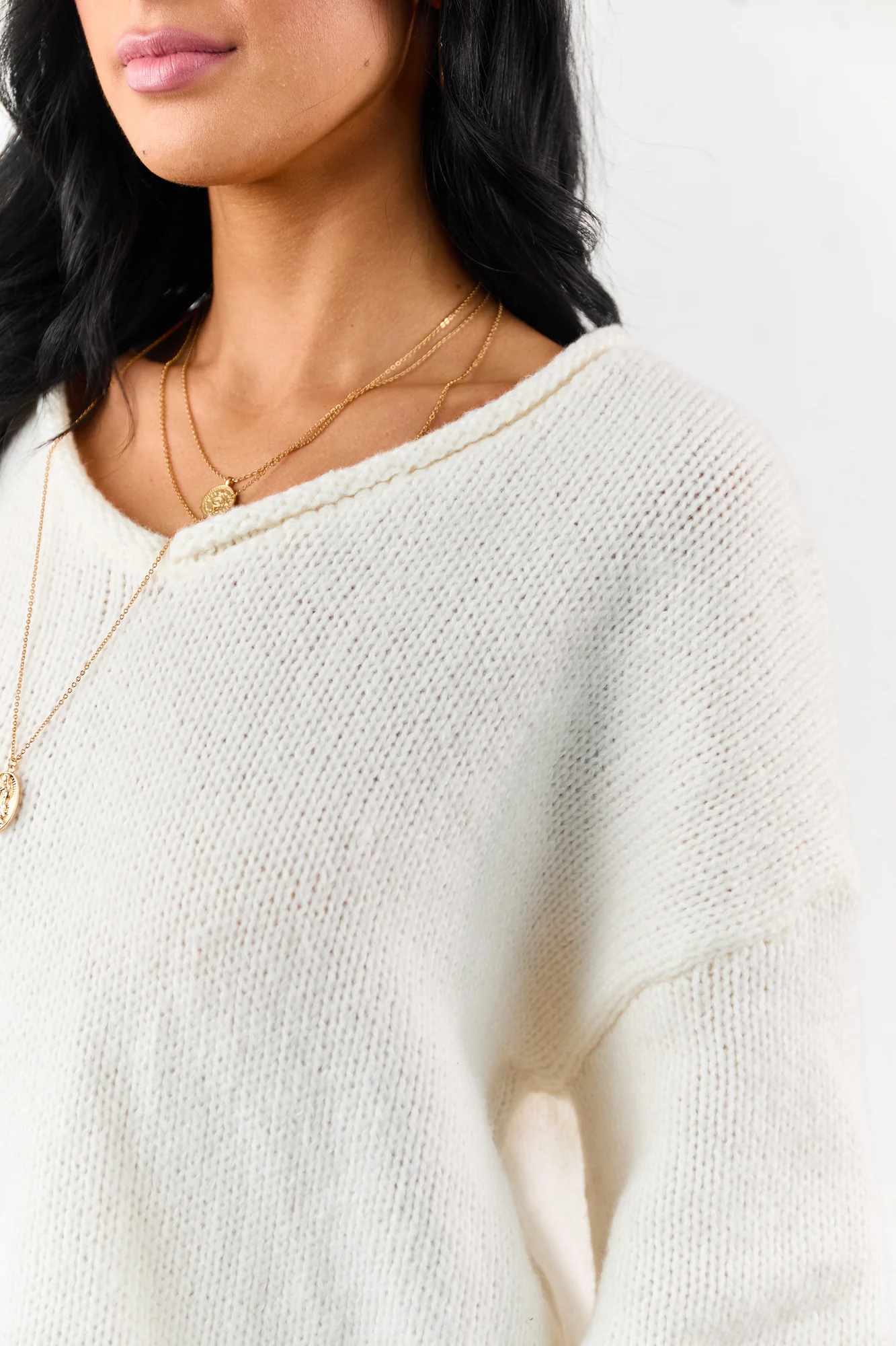 Ivory Cozy Knit V Neck Sweater
