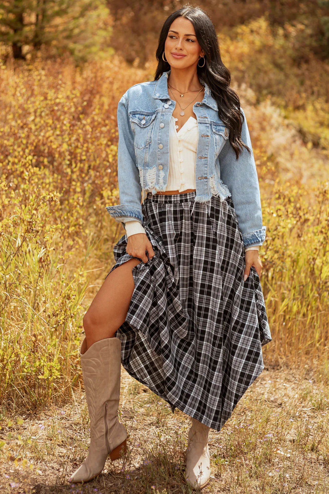 Plaid Cotton High-Low Side Cut Midi Skirt in Black & Off White