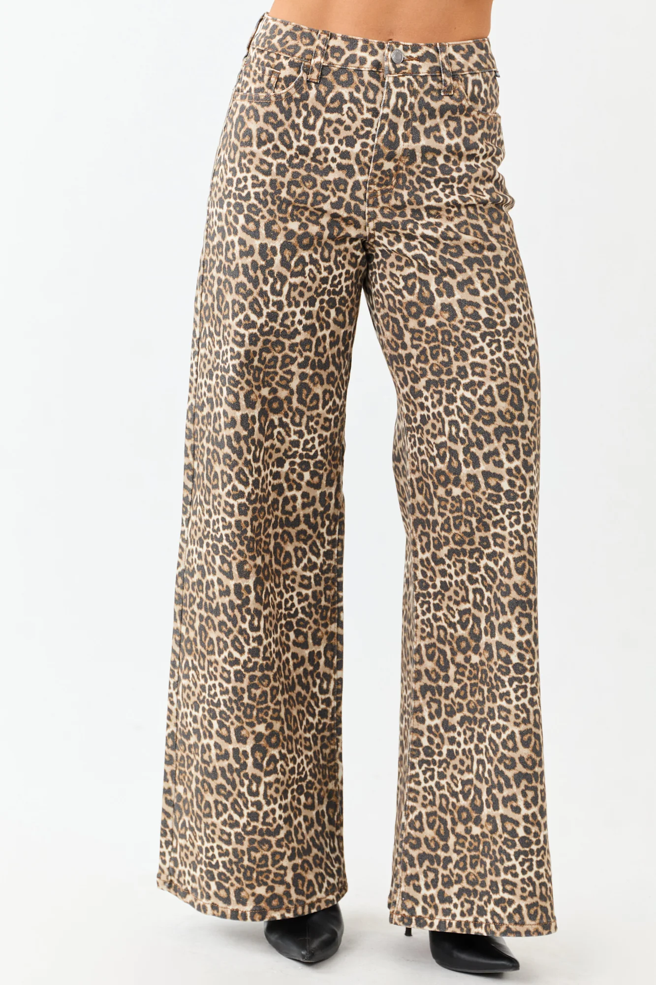 Leopard Print Wide Leg Stretchy Jeans in Camel