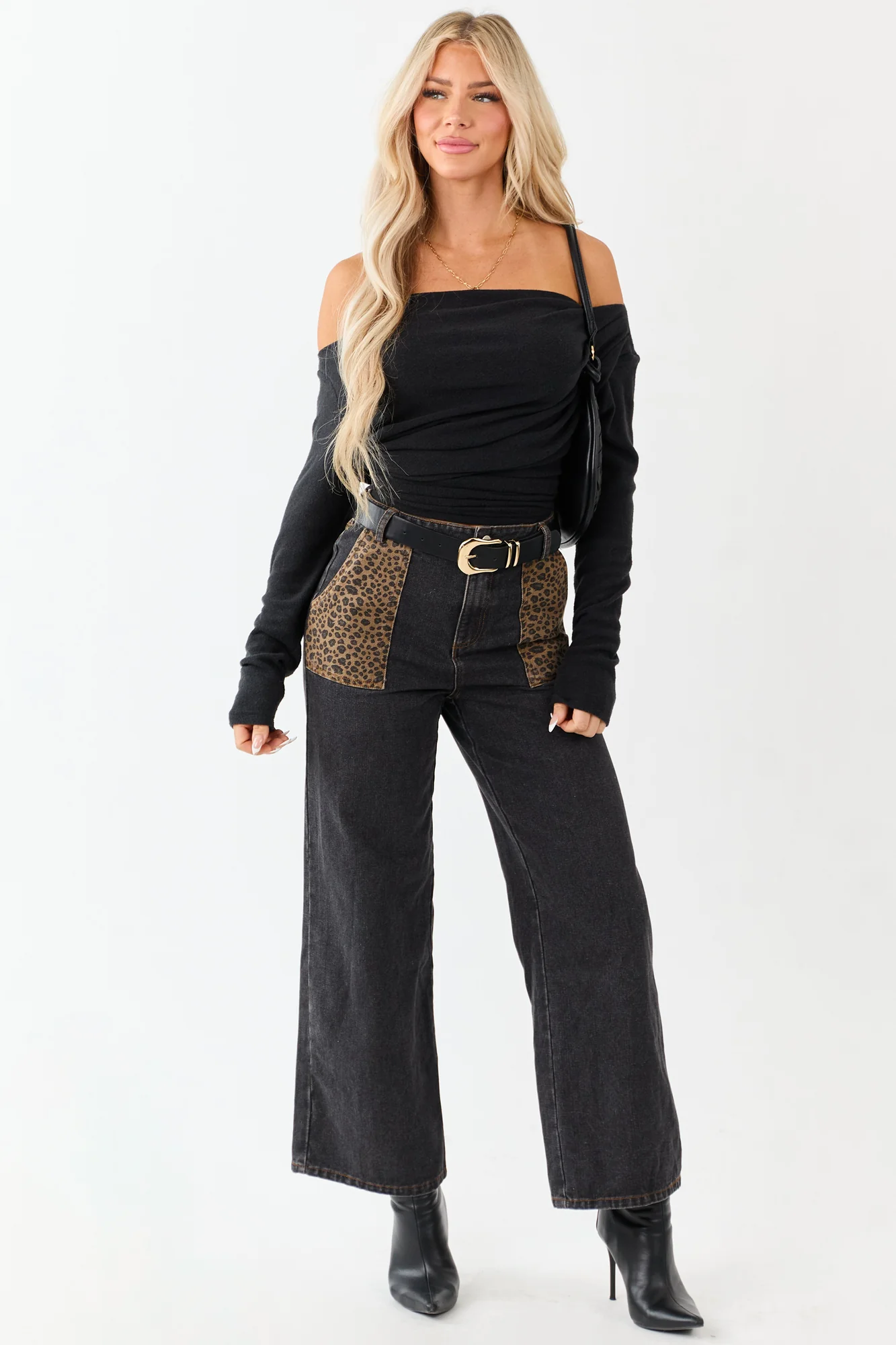 High Rise Wide Leg Jeans with Leopard Print Detailing