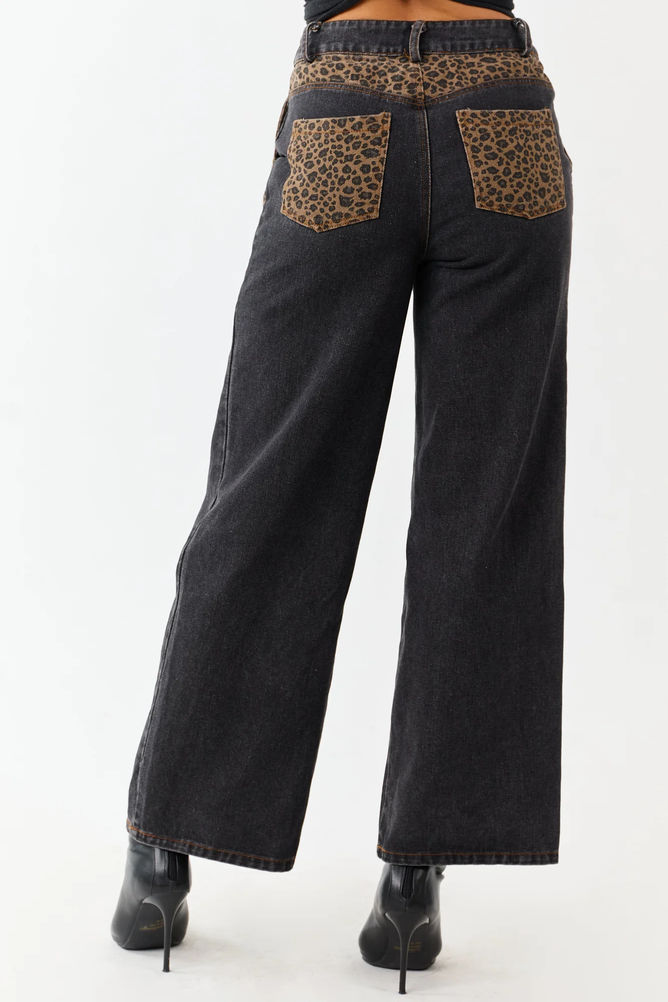 High Rise Wide Leg Jeans with Leopard Print Detailing