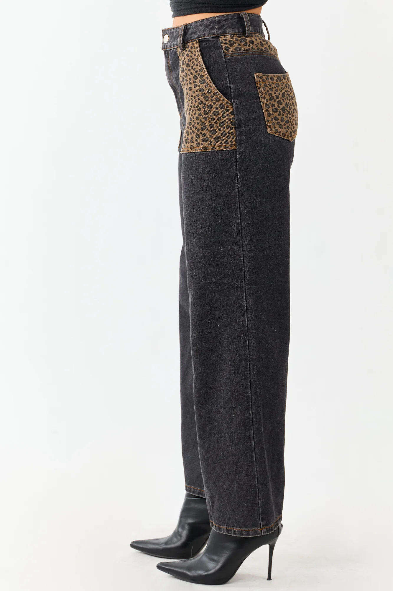 High Rise Wide Leg Jeans with Leopard Print Detailing