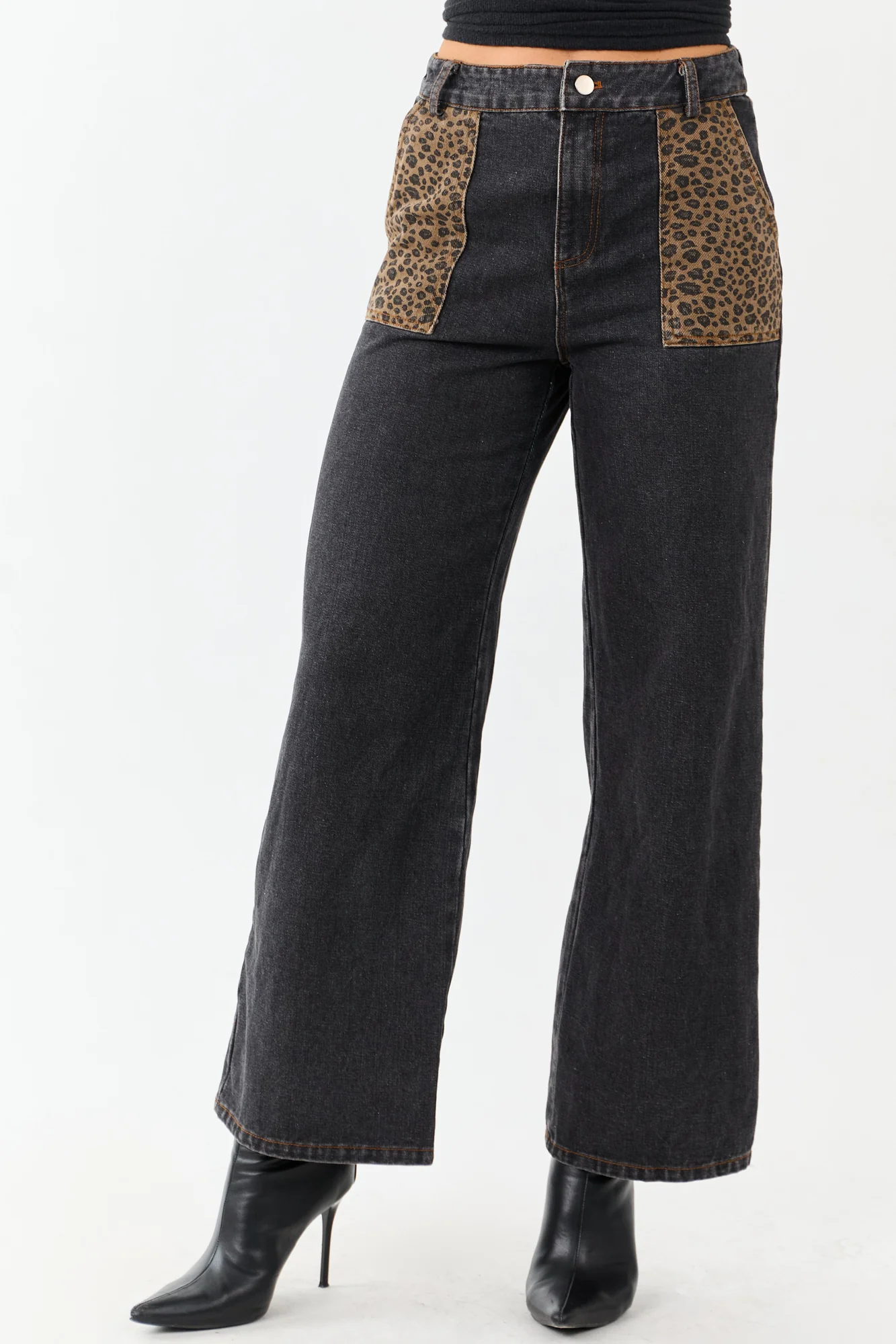 High Rise Wide Leg Jeans with Leopard Print Detailing