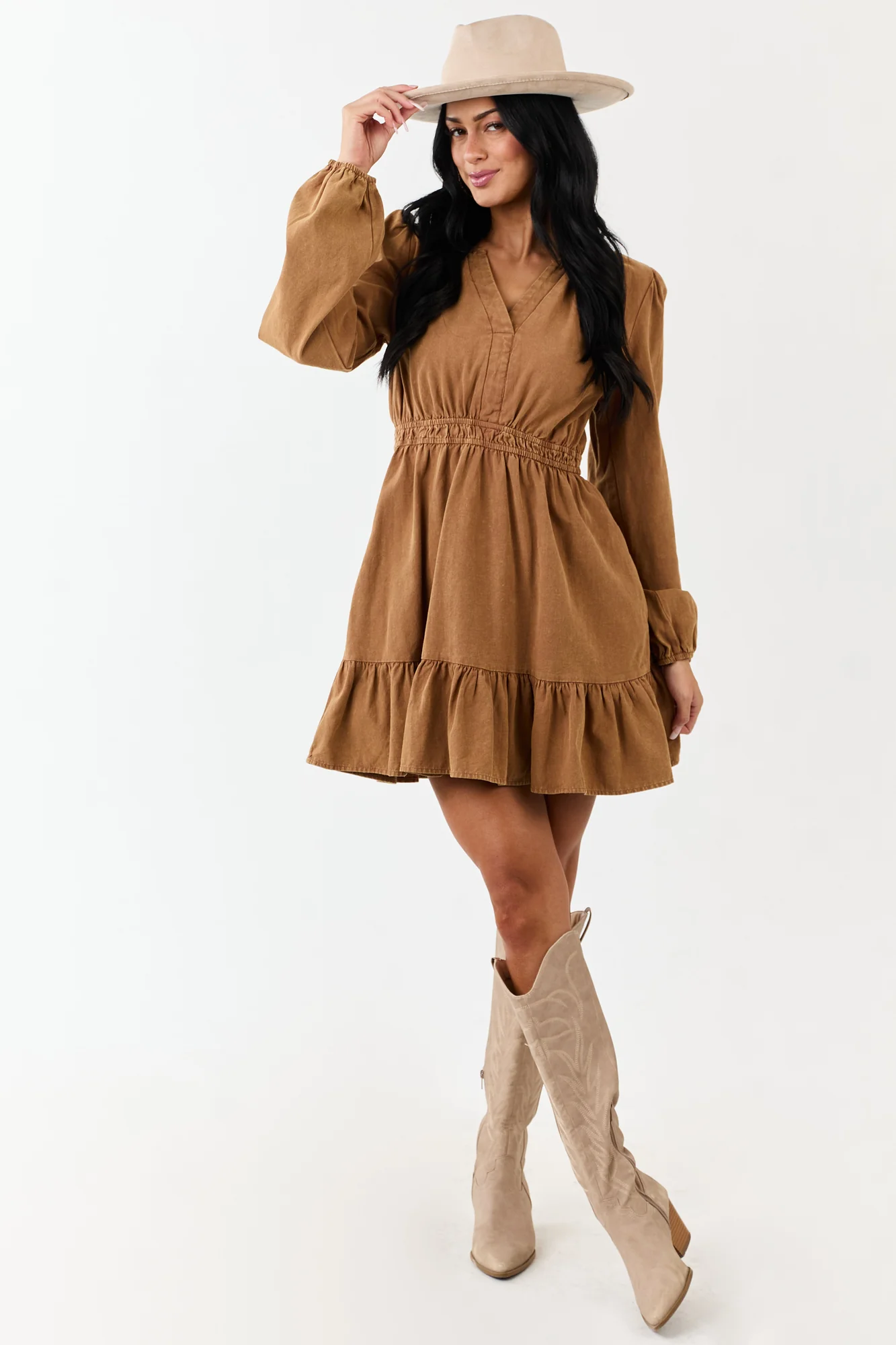 Brown Denim Elastic Waist Ruffle Hem Mini Dress