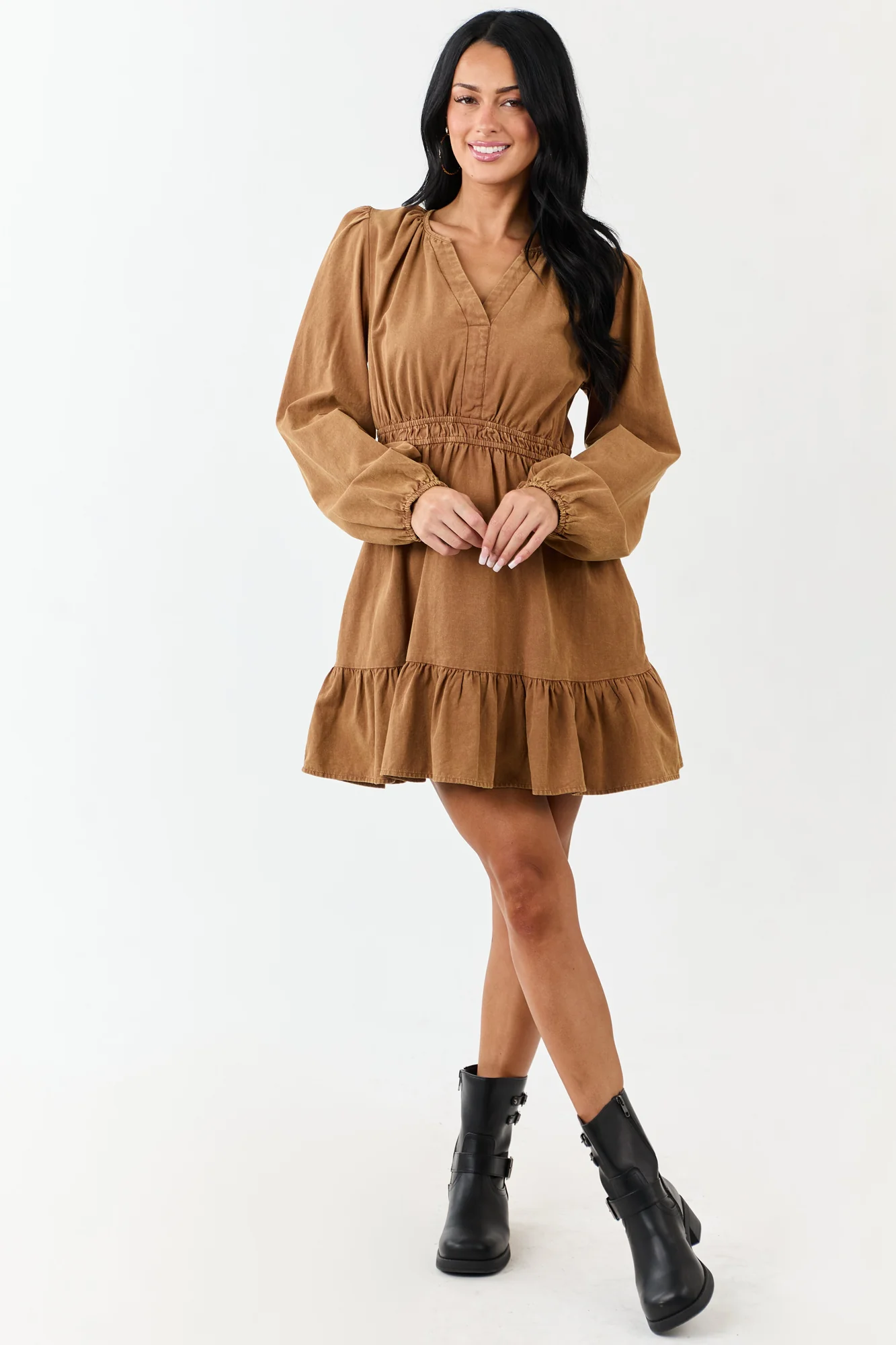 Brown Denim Elastic Waist Ruffle Hem Mini Dress