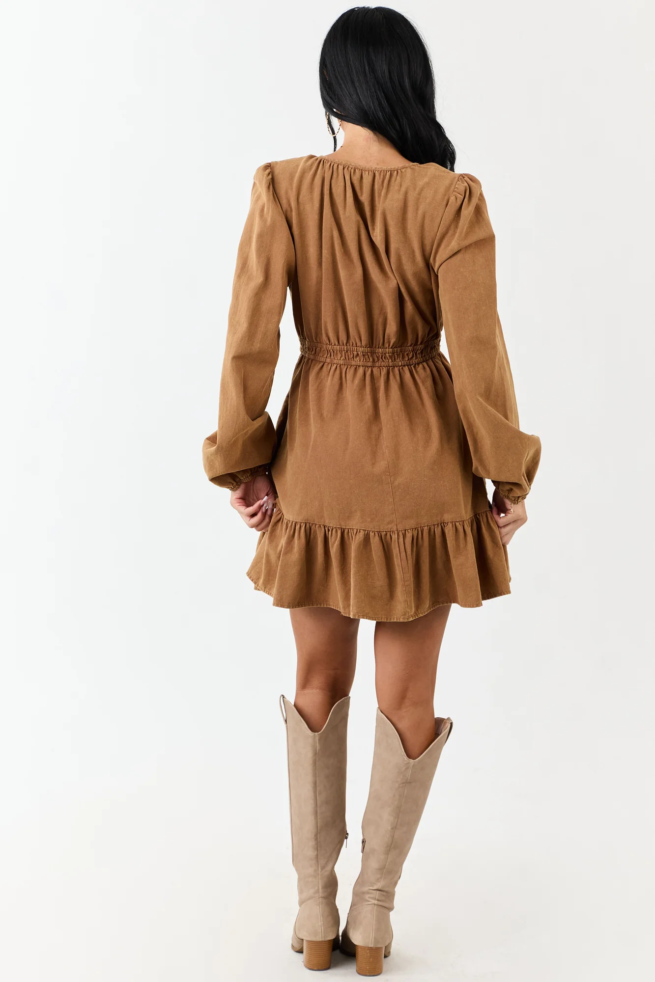 Brown Denim Elastic Waist Ruffle Hem Mini Dress
