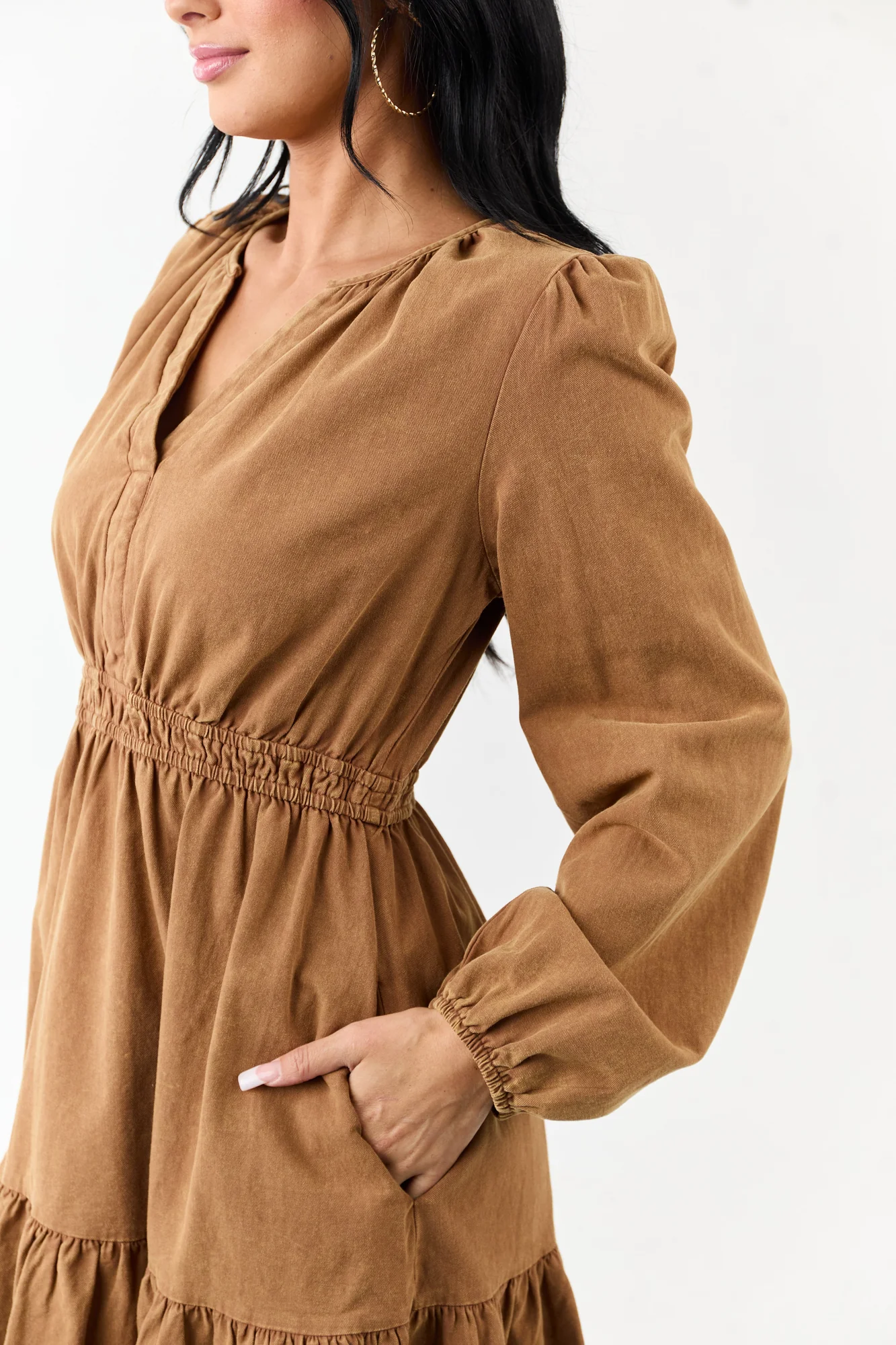 Brown Denim Elastic Waist Ruffle Hem Mini Dress