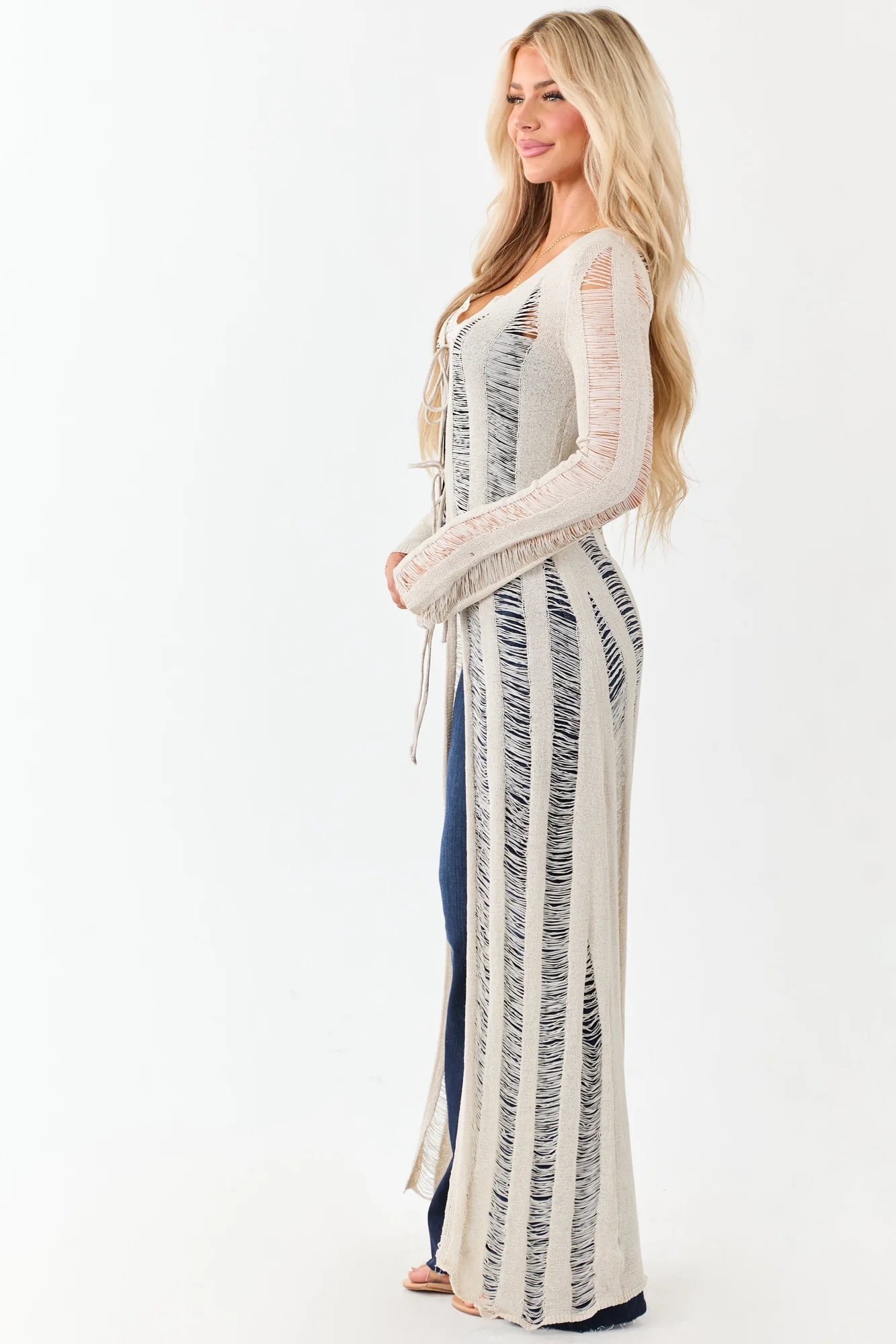 Distressed White Ladder Stitch Cardigan