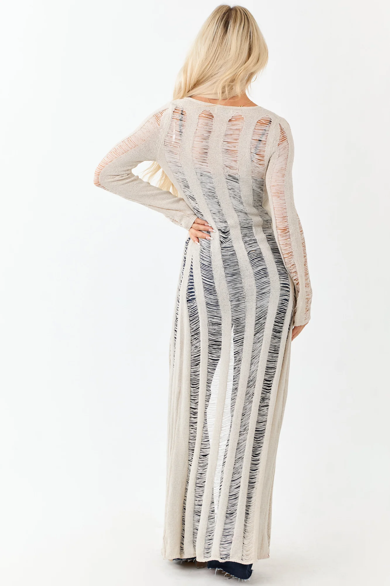 Distressed White Ladder Stitch Cardigan