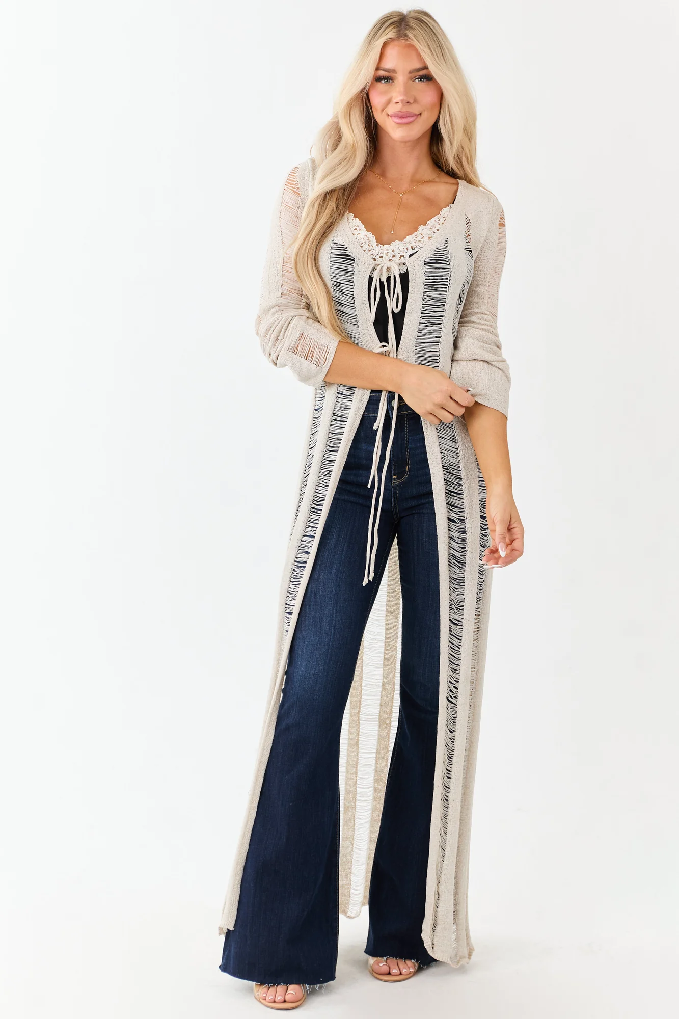 Distressed White Ladder Stitch Cardigan