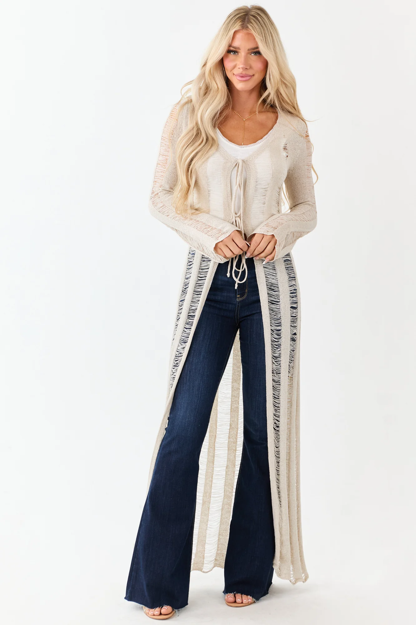 Distressed White Ladder Stitch Cardigan