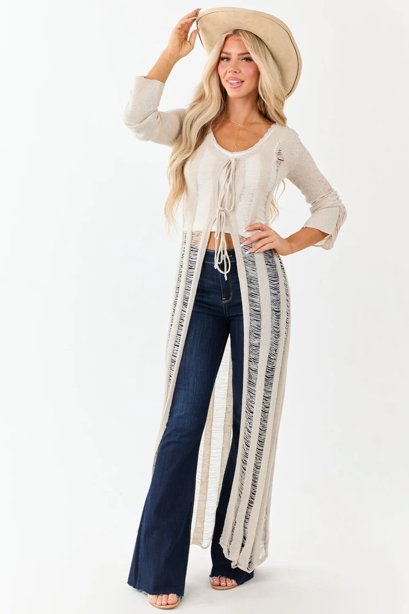 Distressed White Ladder Stitch Cardigan