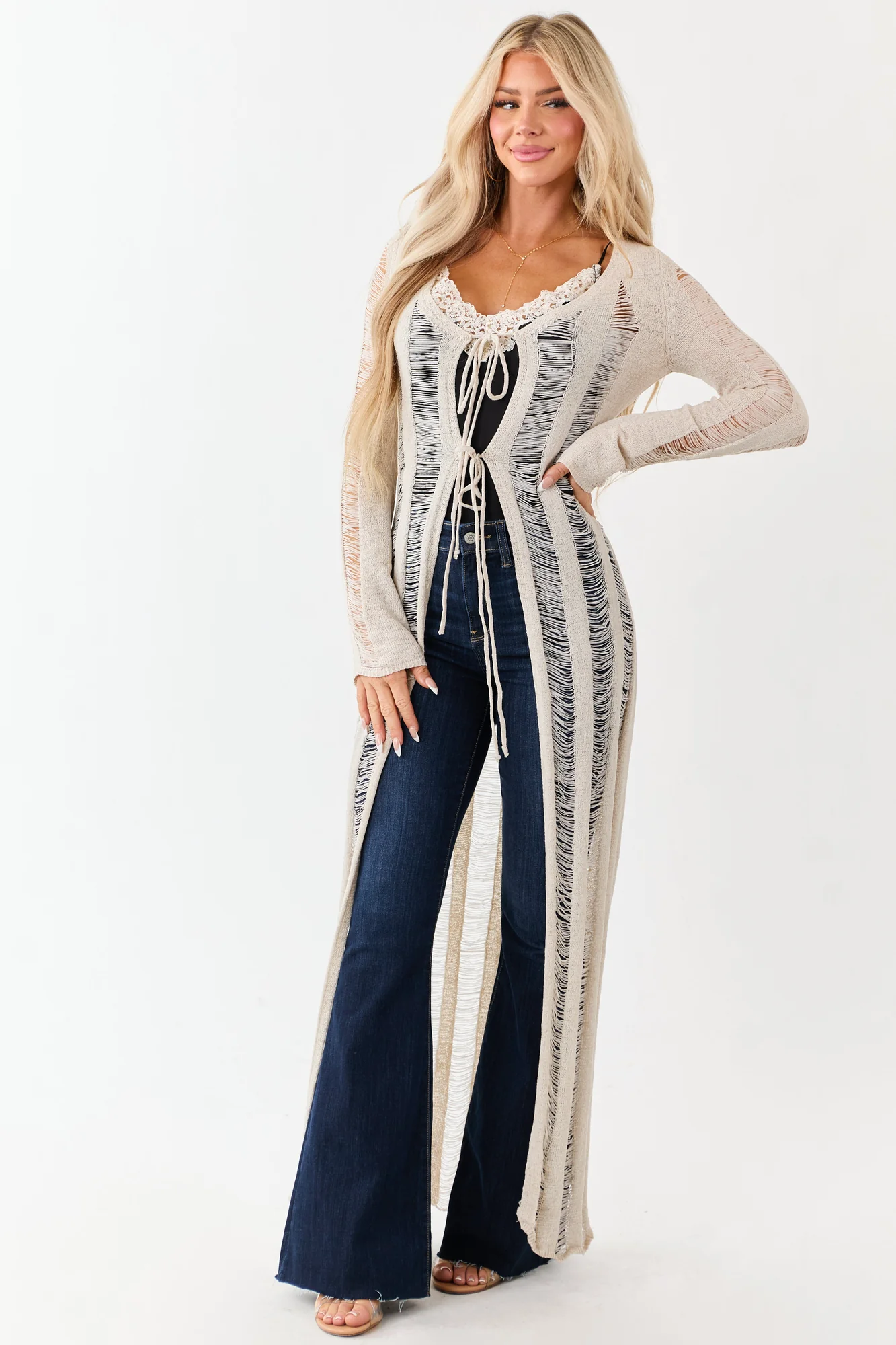 Distressed White Ladder Stitch Cardigan