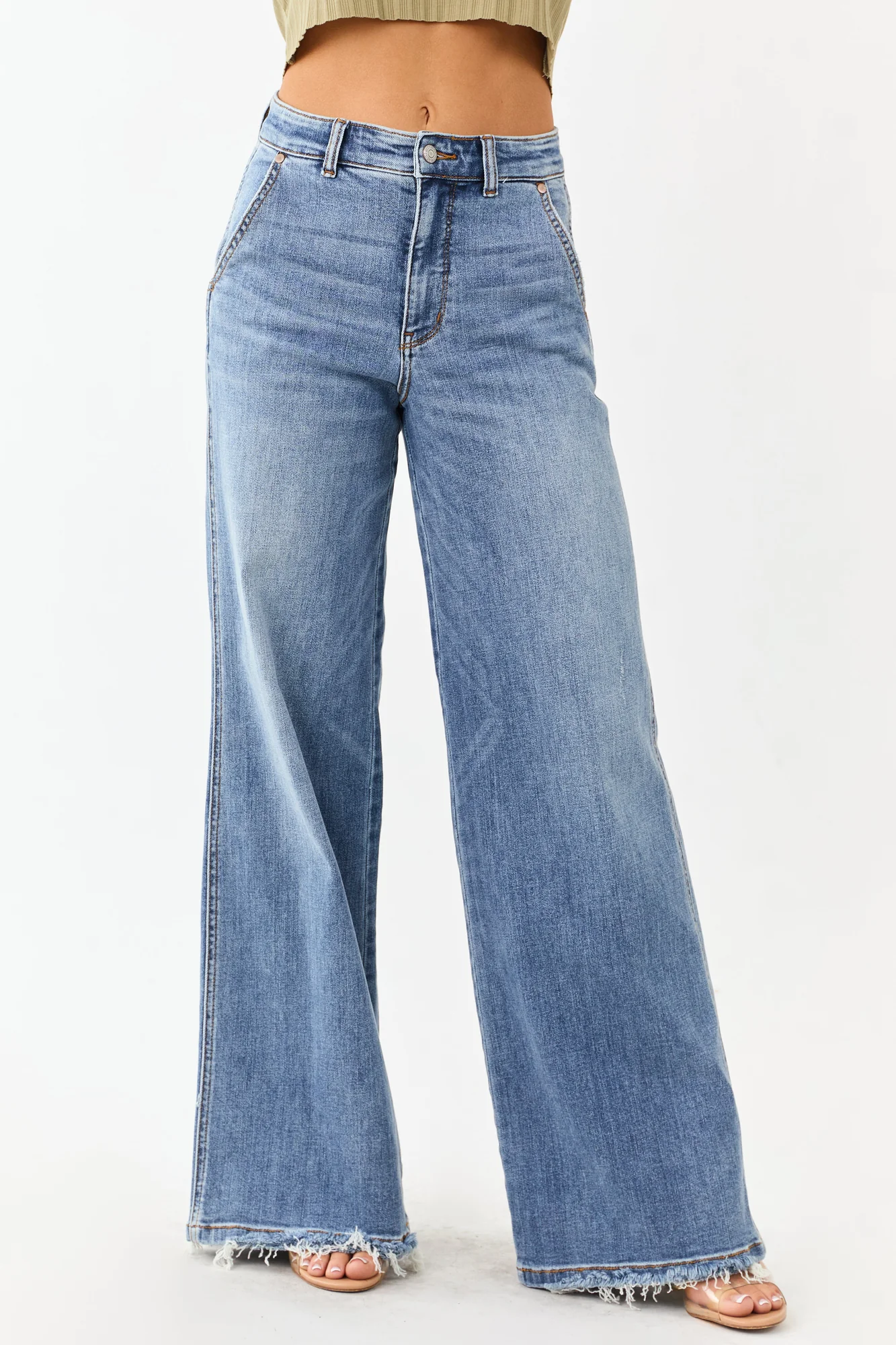 High Rise Stretchy Retro Wide Leg Jeans | Distressed Back Pockets