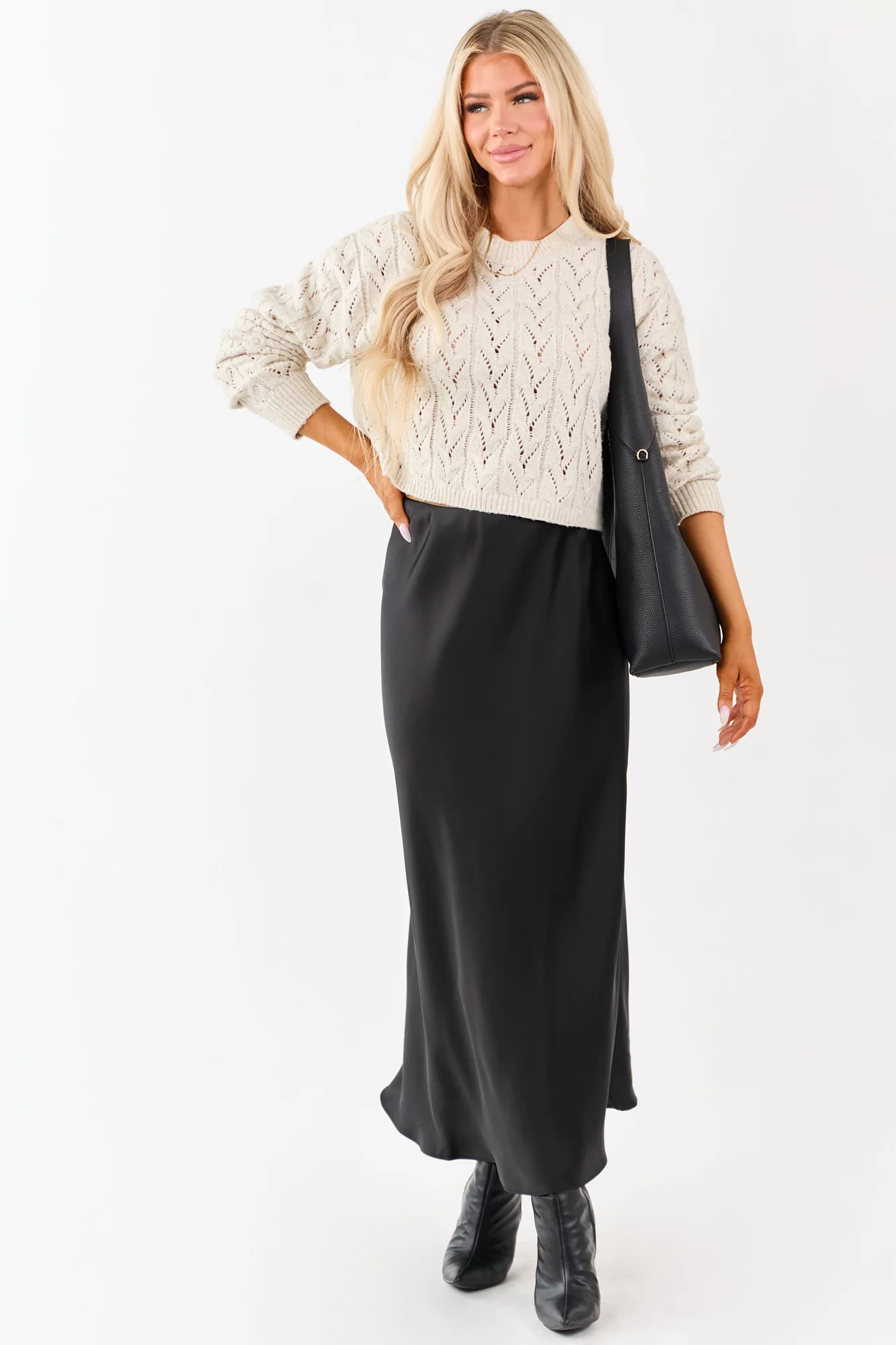 Black Satin Maxi Skirt with Elastic Waistband