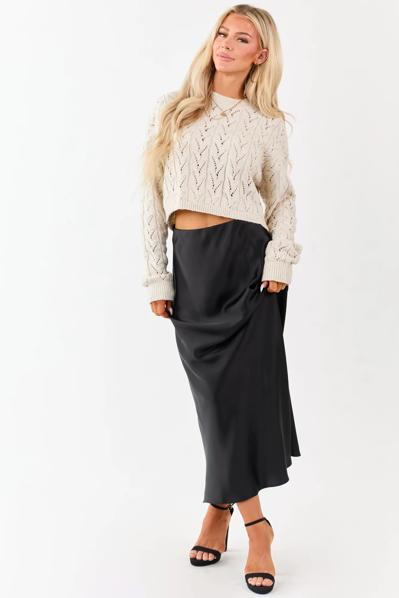 Black Satin Maxi Skirt with Elastic Waistband