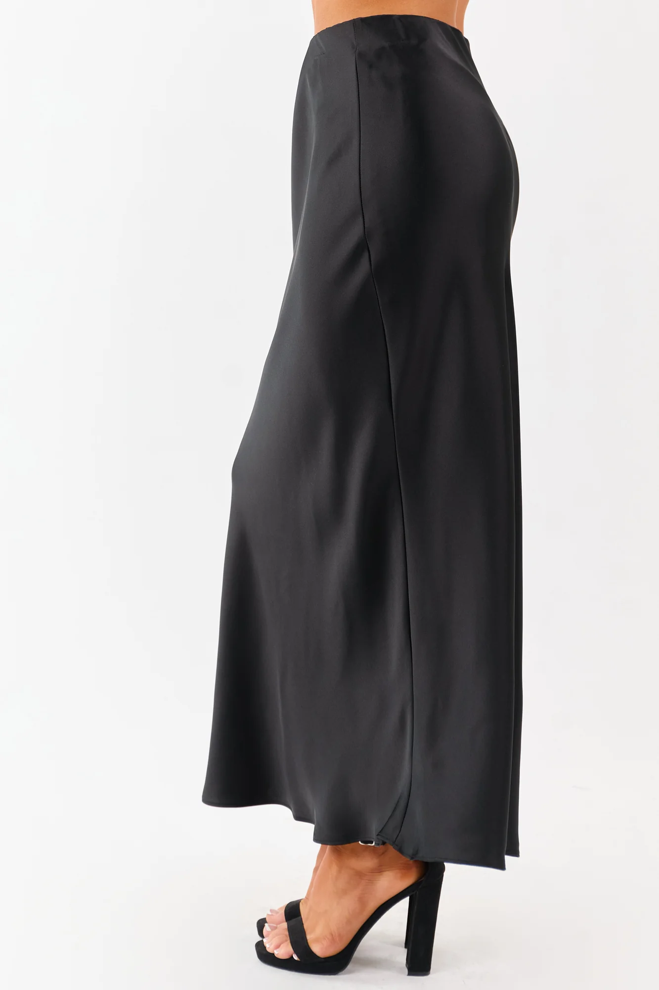 Black Satin Maxi Skirt with Elastic Waistband