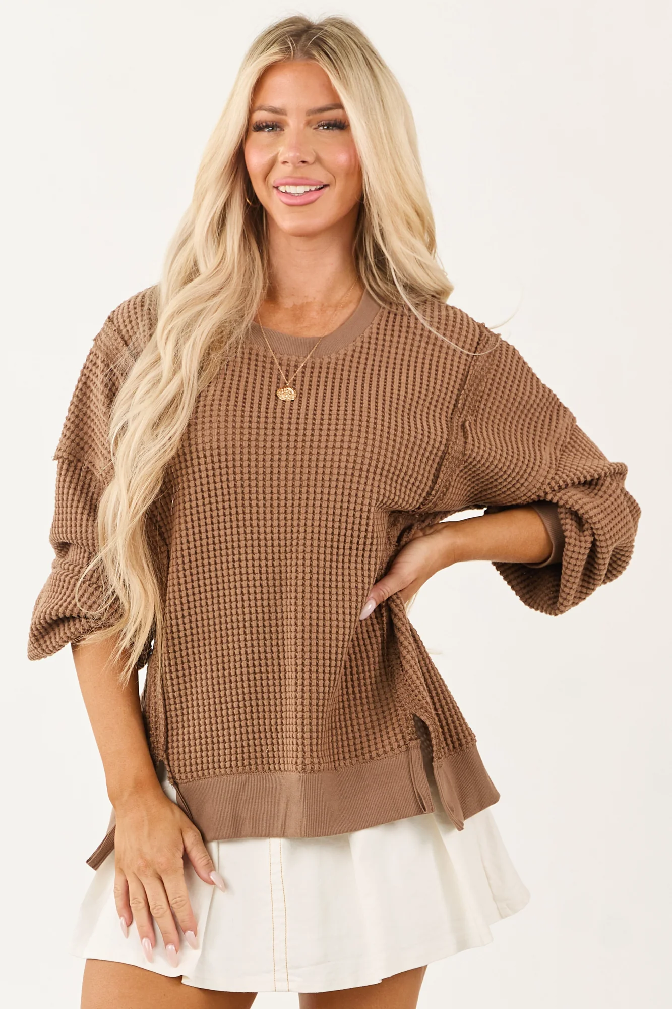 Neutral Oversized Waffle Knit Top | Coffee Long Sleeve