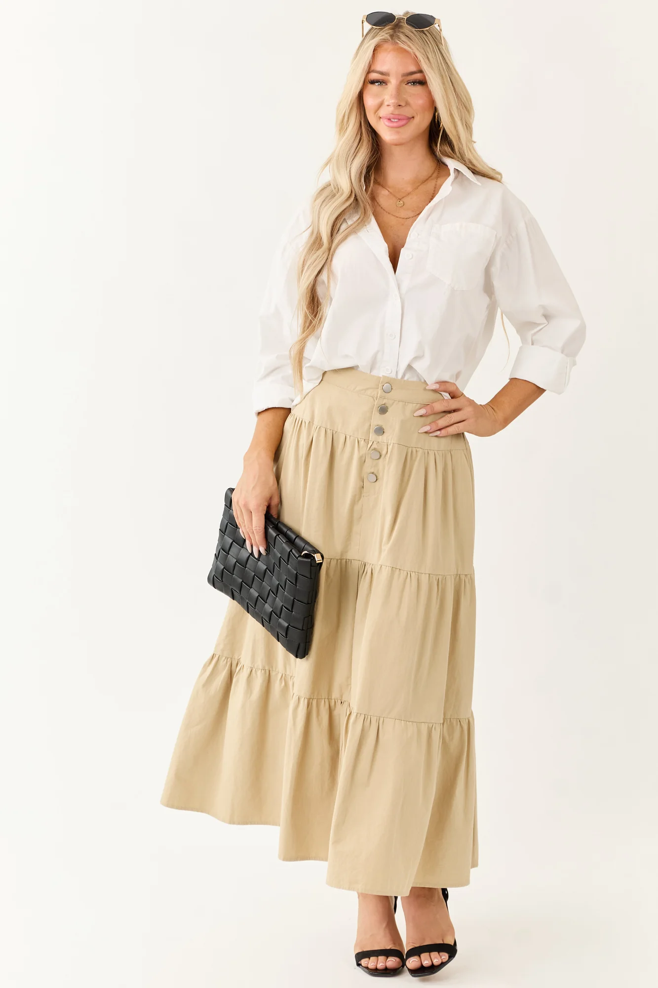 Taupe Tiered Cotton Boho Maxi Skirt