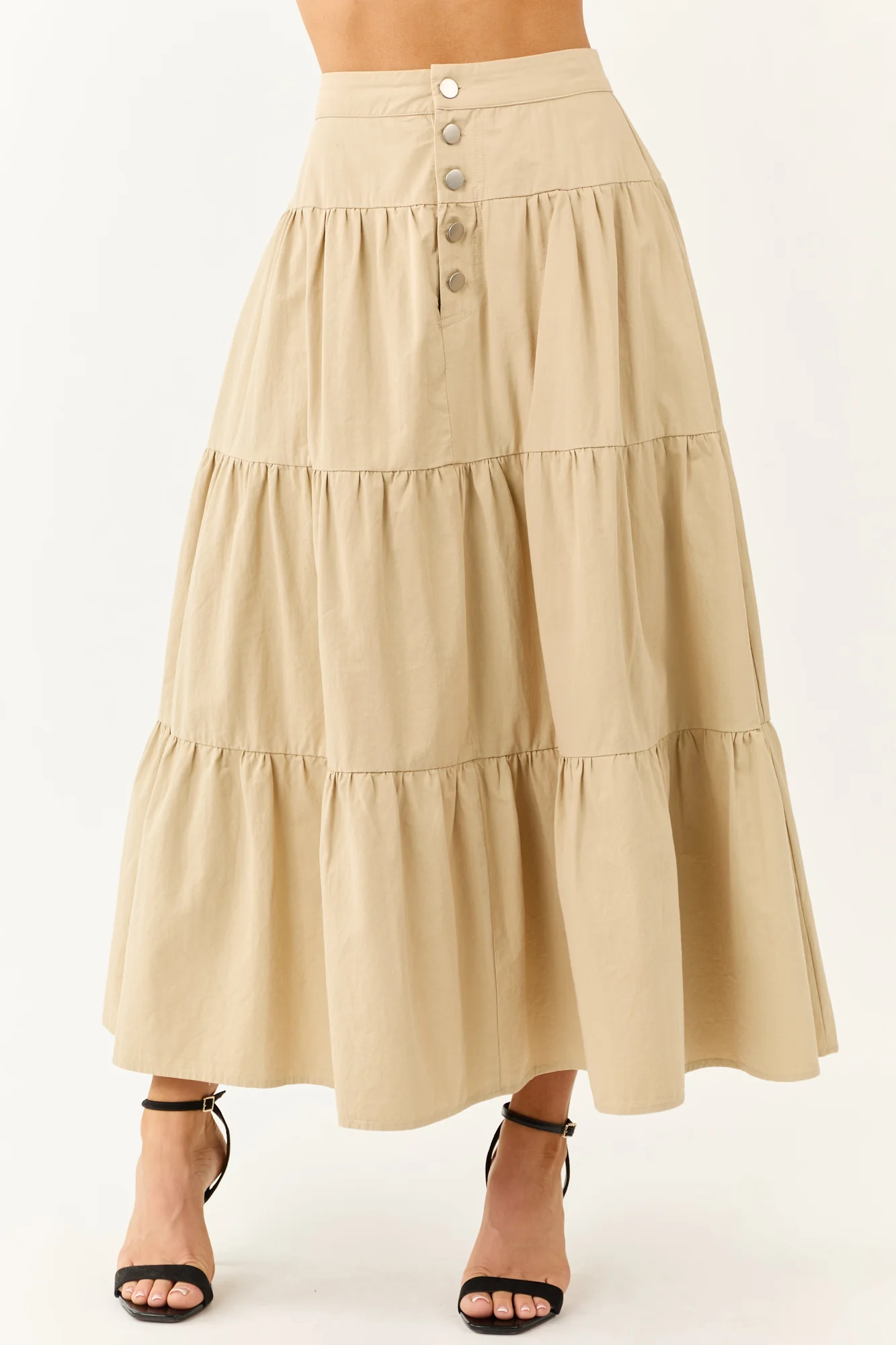 Taupe Tiered Cotton Boho Maxi Skirt