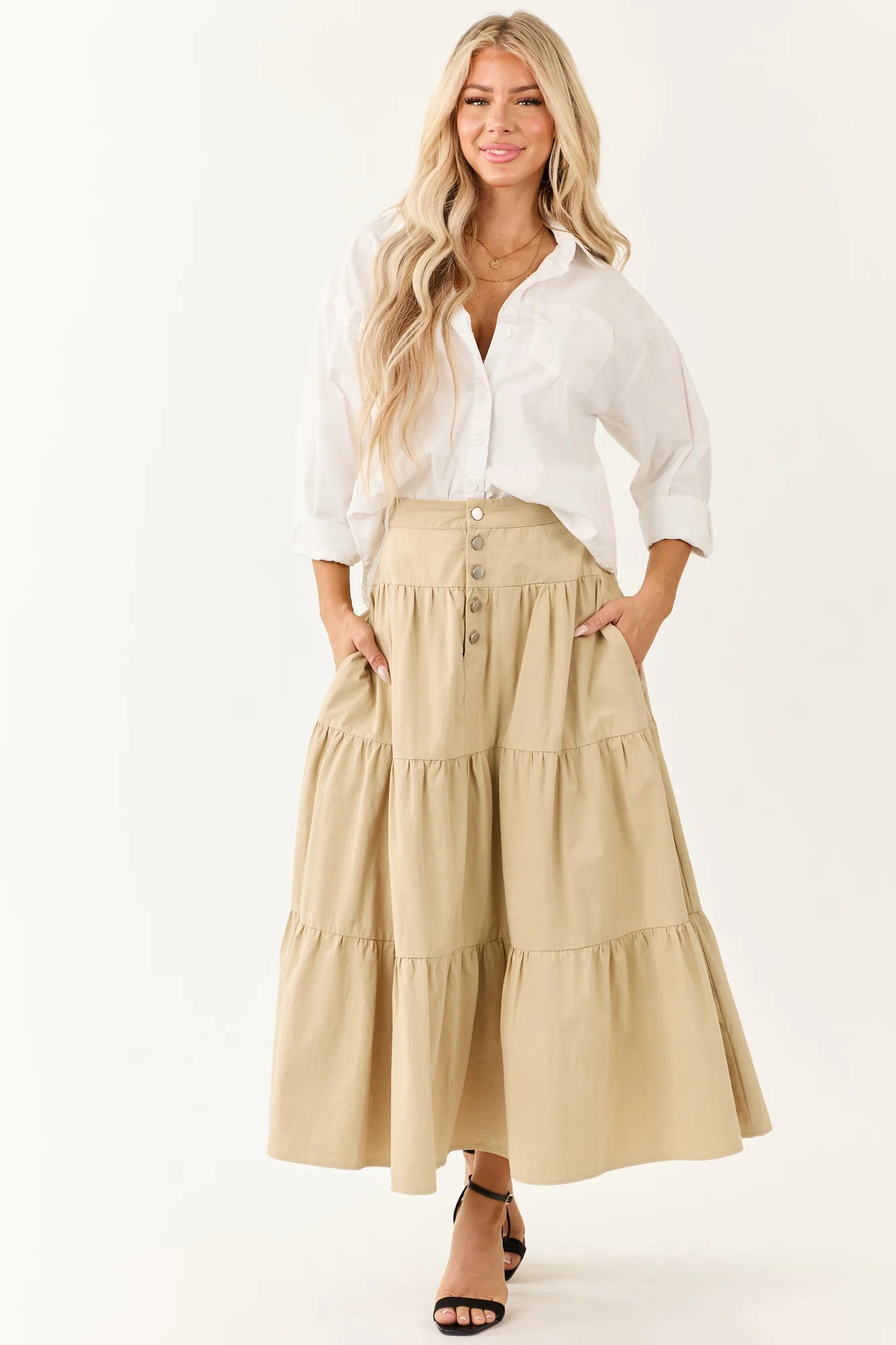 Taupe Tiered Cotton Boho Maxi Skirt