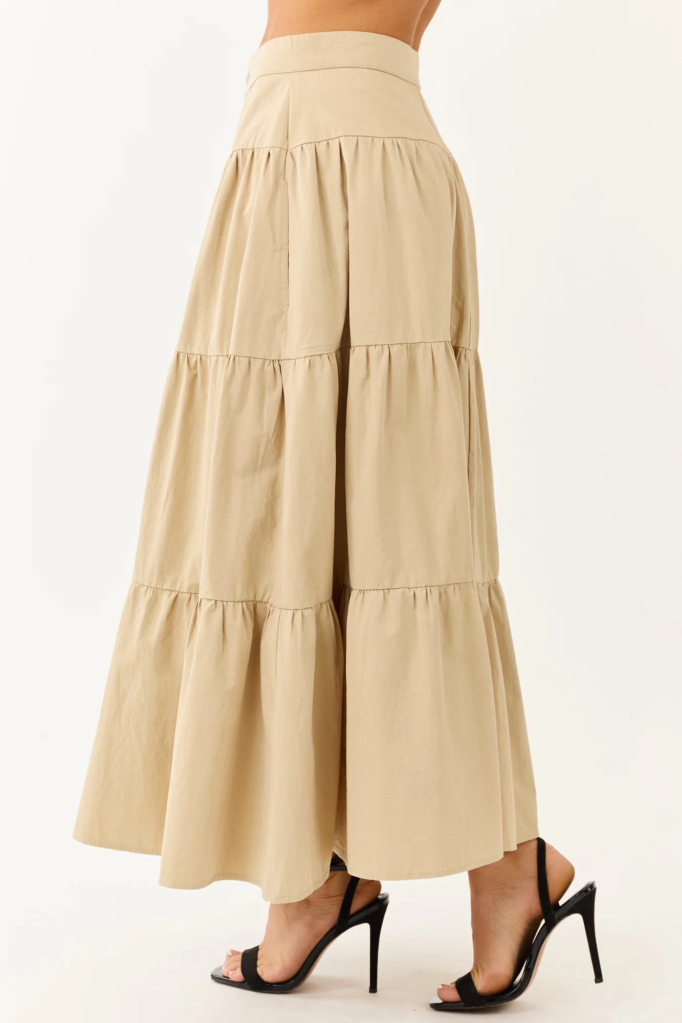 Taupe Tiered Cotton Boho Maxi Skirt