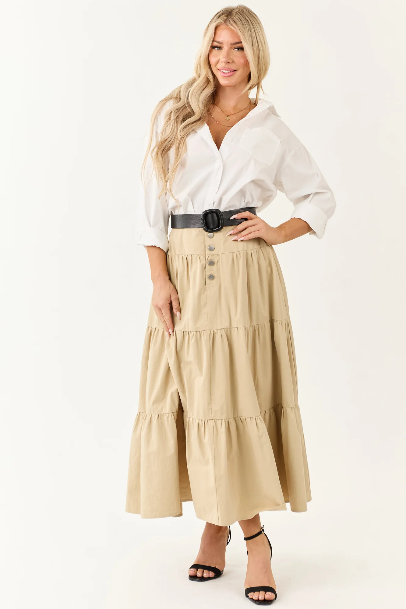 Taupe Tiered Cotton Boho Maxi Skirt