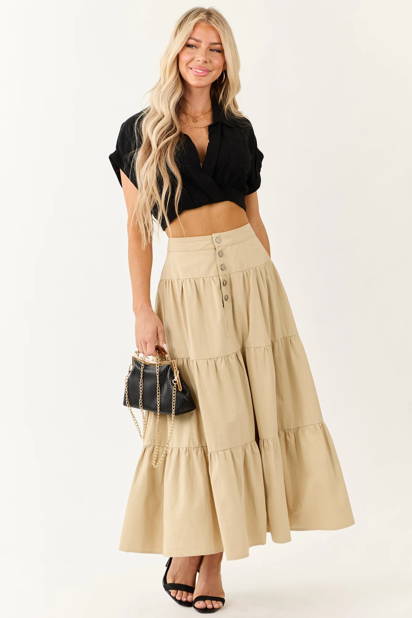 Taupe Tiered Cotton Boho Maxi Skirt