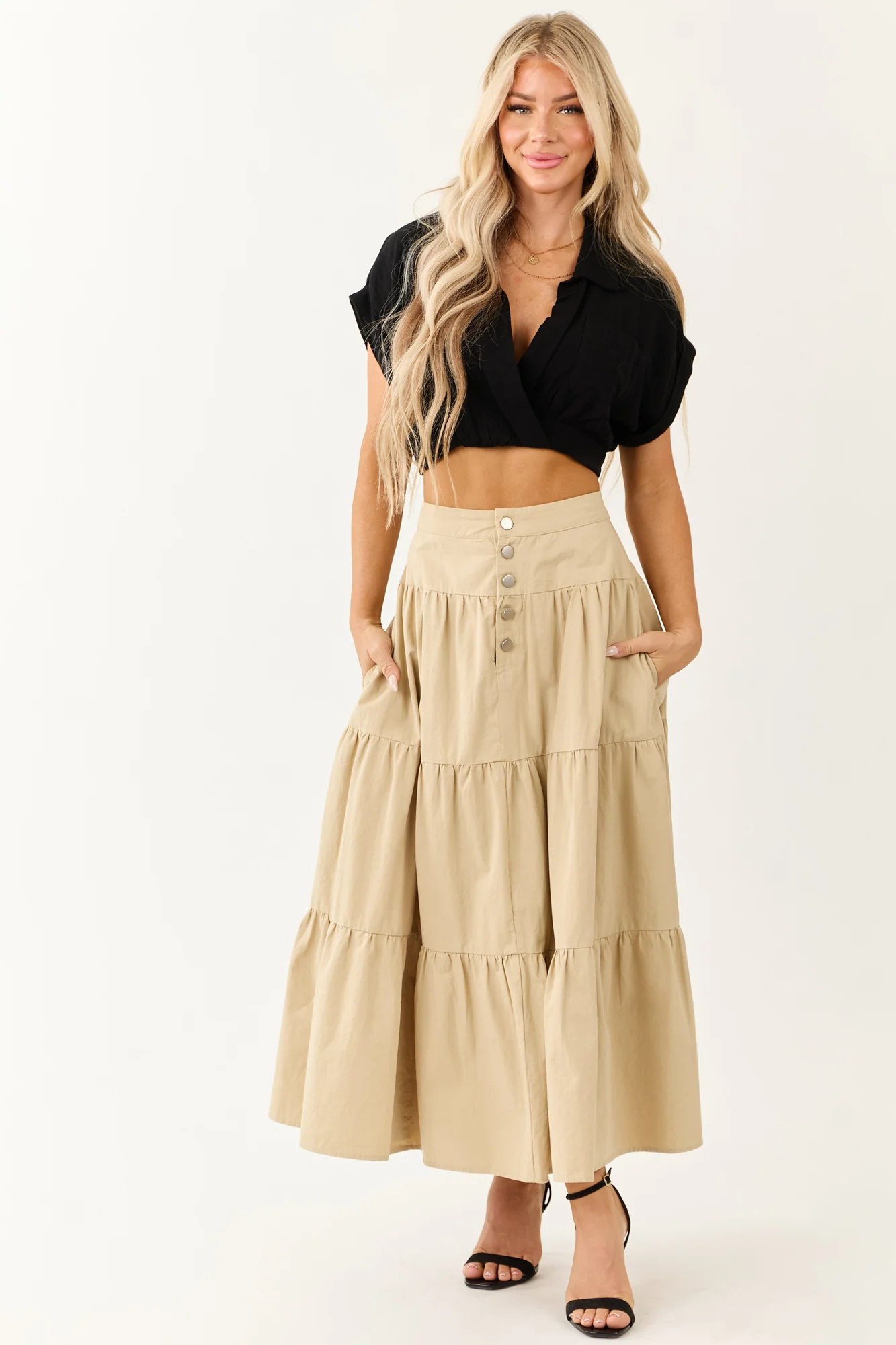 Taupe Tiered Cotton Boho Maxi Skirt