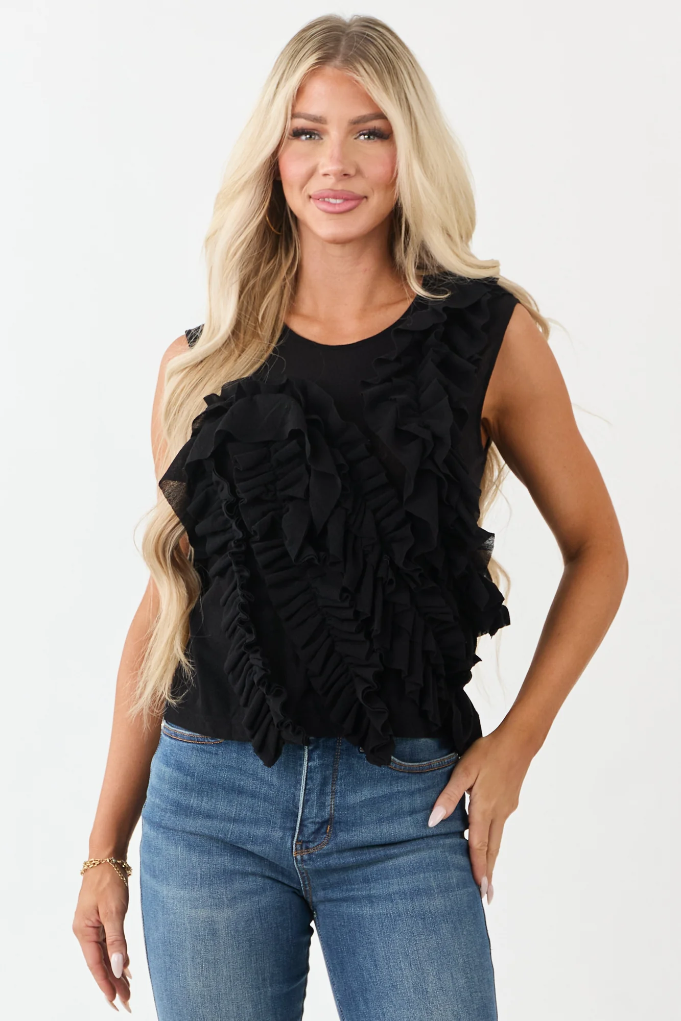 Black Ruffled Sleeveless Tank Top
