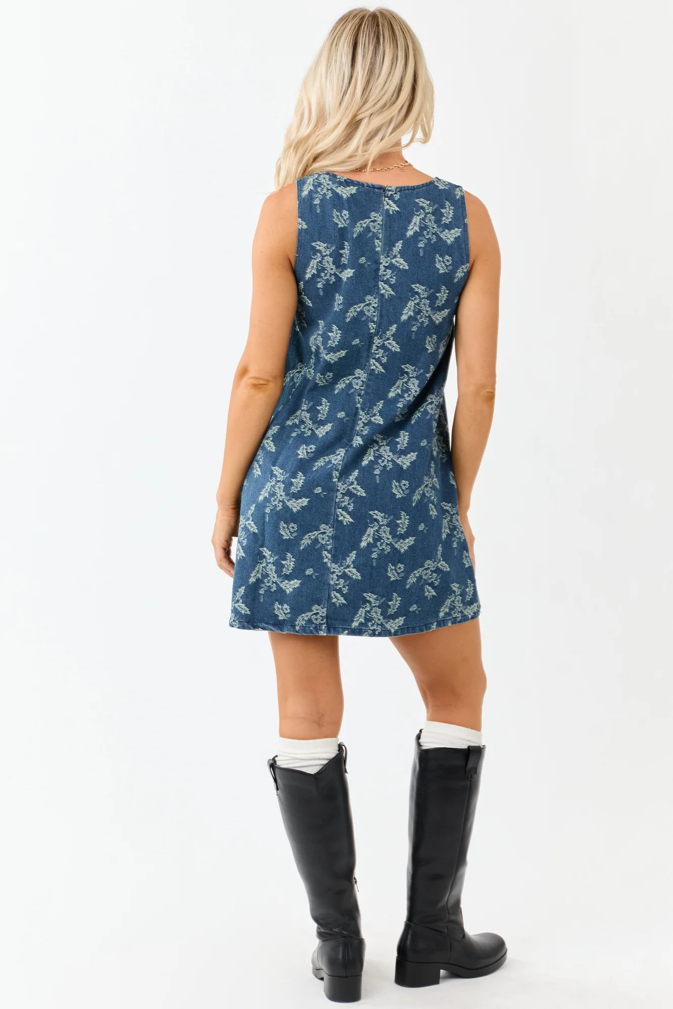 Denim Floral Jacquard Shift Mini Dress