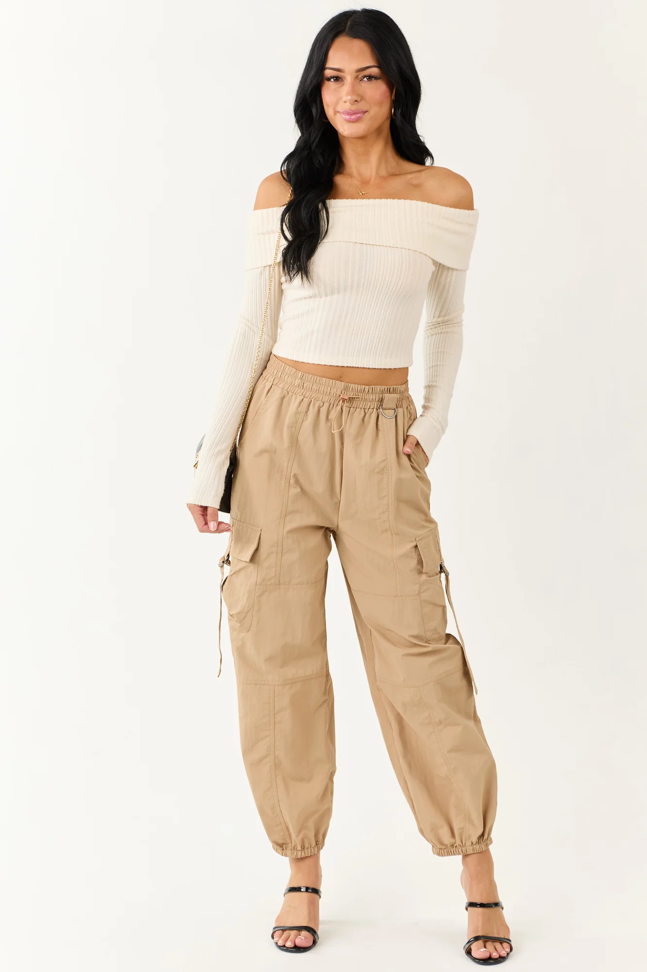 Taupe Cargo Utility Jogger Pants with Drawstring Waistband