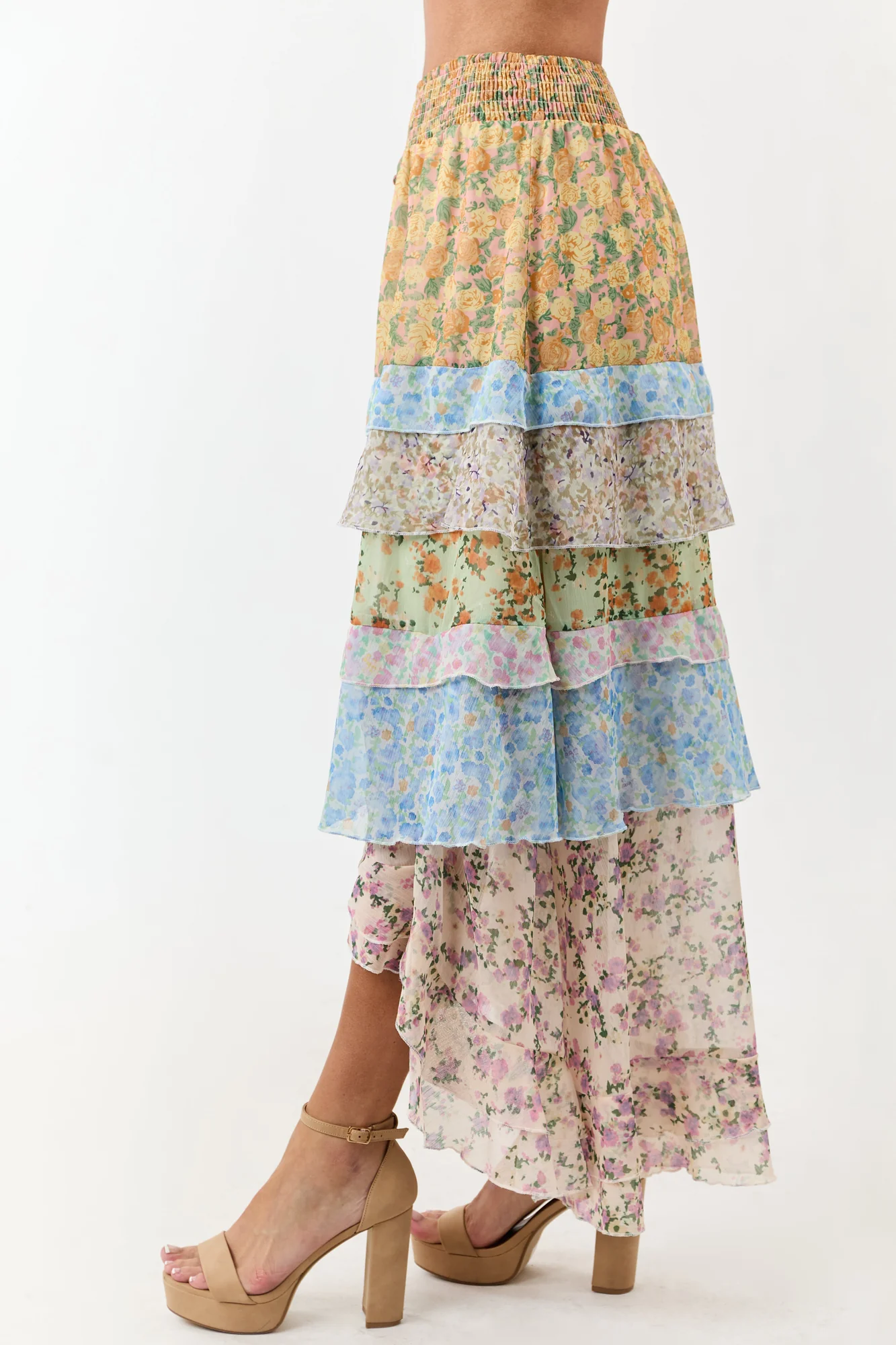 Floral Ruffle Chiffon Maxi Skirt in Lemon Print