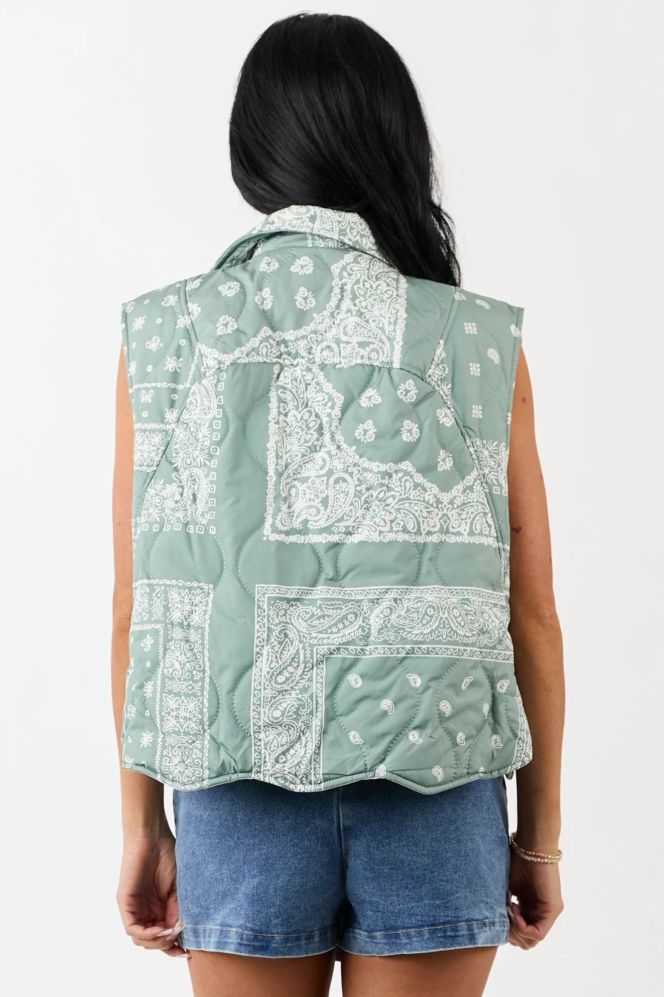 Quilted Cream Bandana Print Vest Sleeveless Button Outerwear