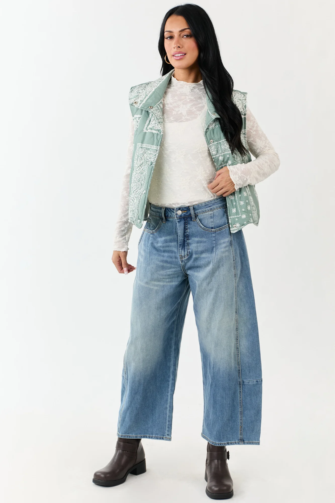 Quilted Cream Bandana Print Vest Sleeveless Button Outerwear