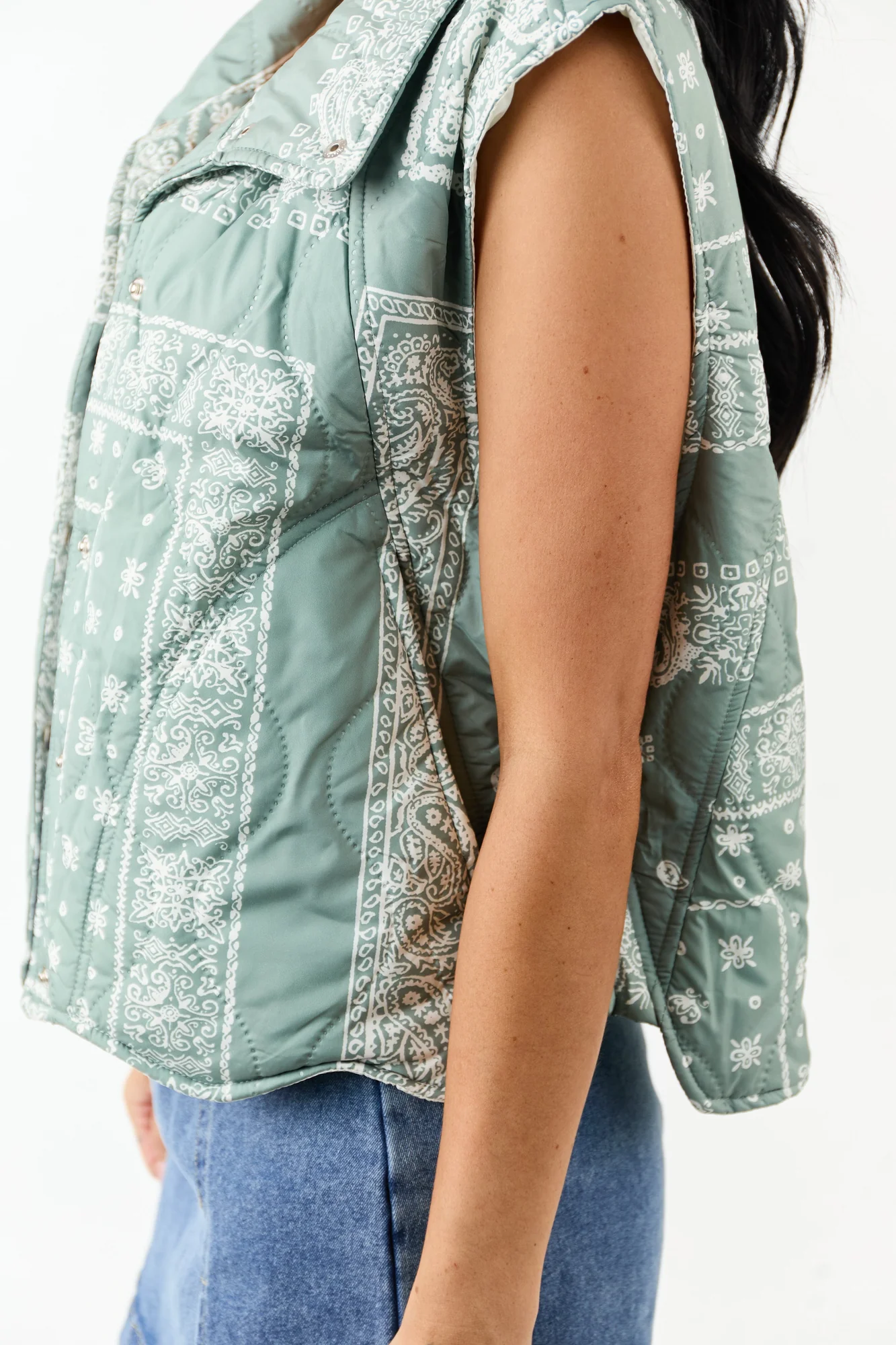 Quilted Cream Bandana Print Vest Sleeveless Button Outerwear