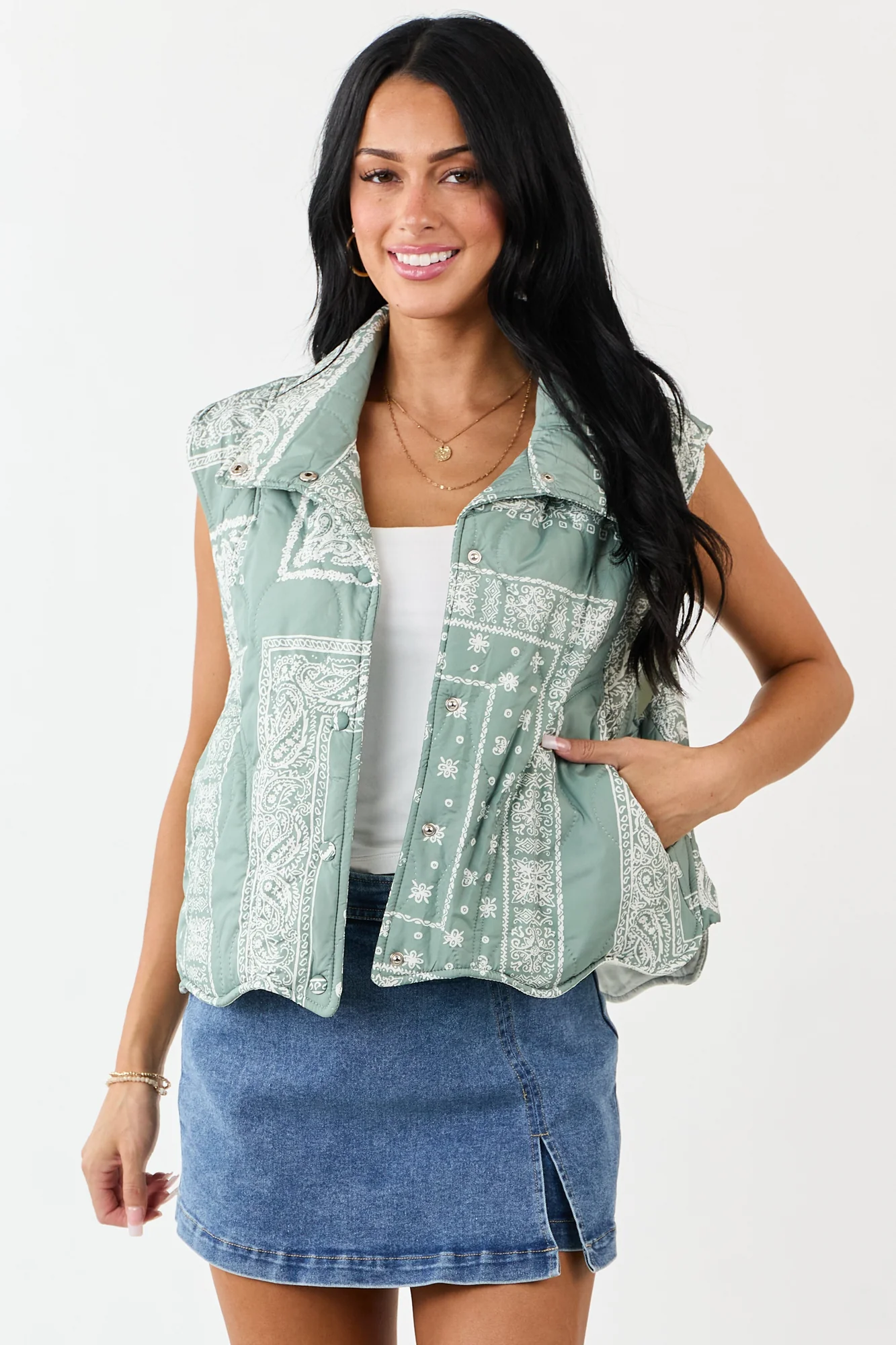 Quilted Cream Bandana Print Vest Sleeveless Button Outerwear
