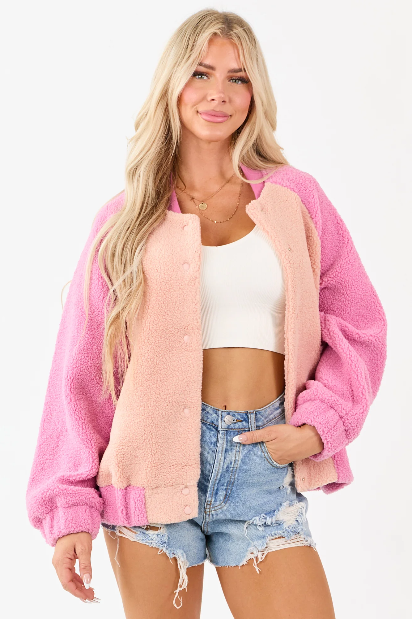 Pink and White Colorblock Fleece Jacket
