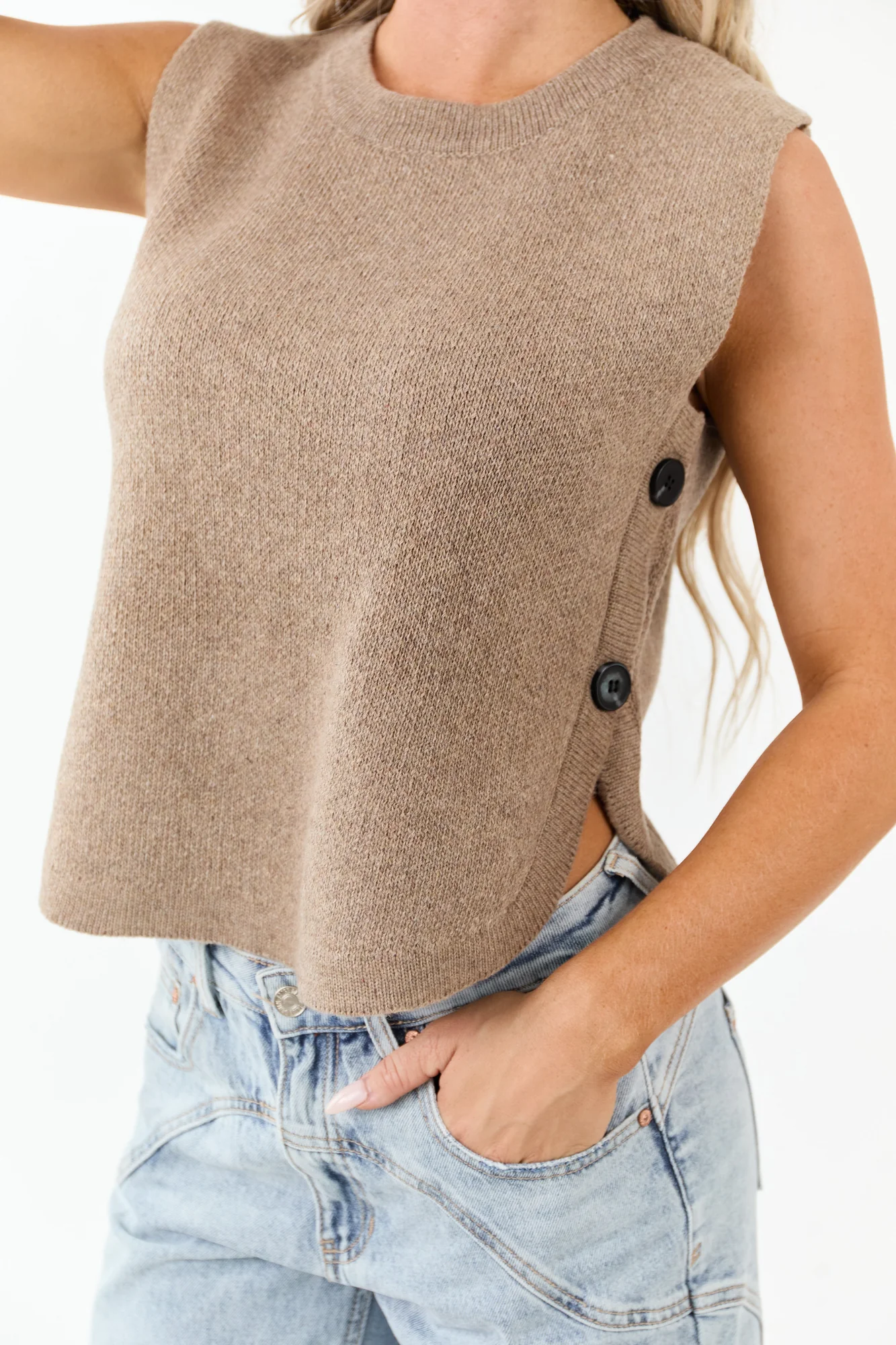 Neutral Knit Sweater Vest with Button Detail