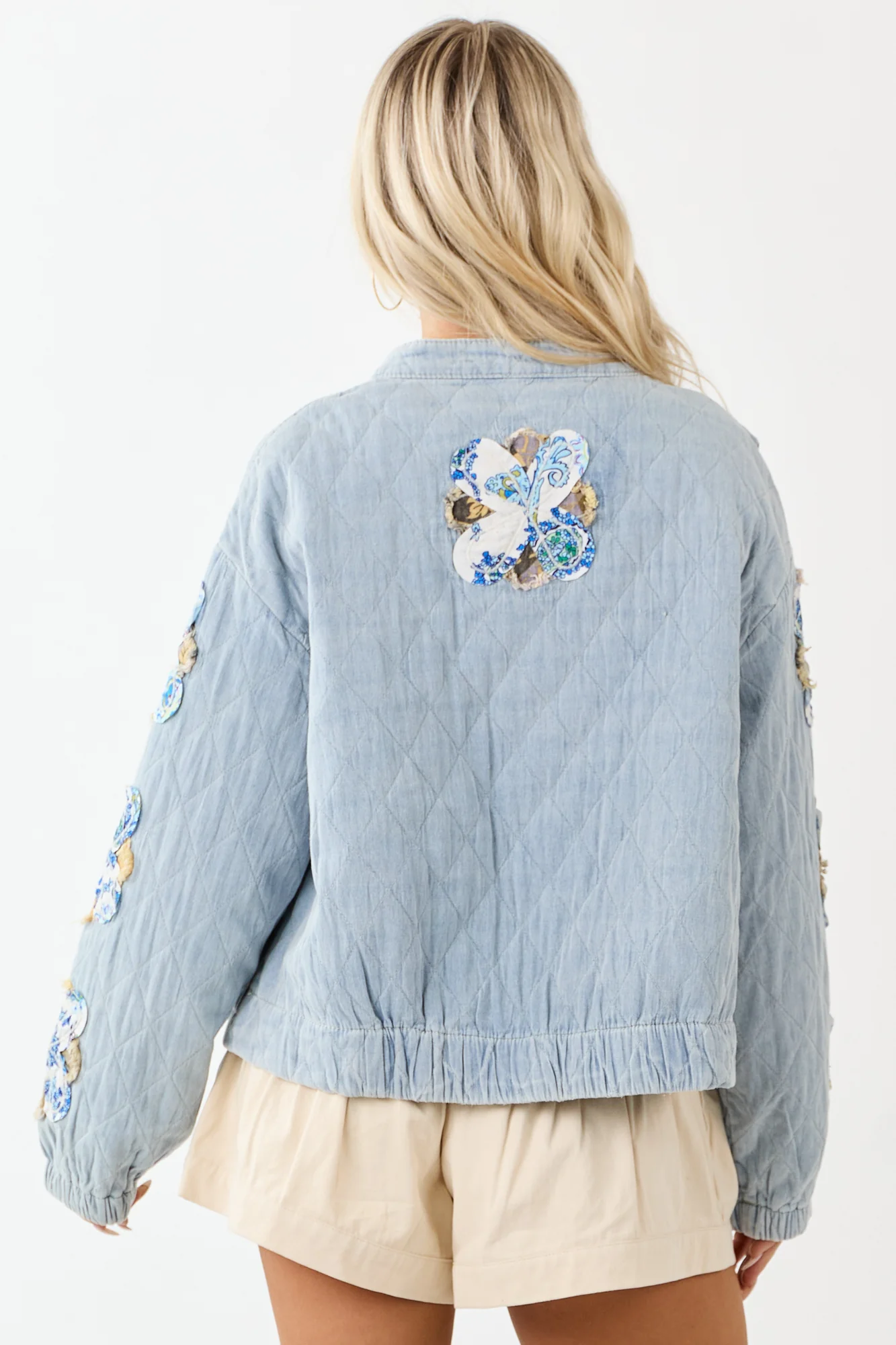 Quilted Floral Patch Denim Jacket with Boho Charm