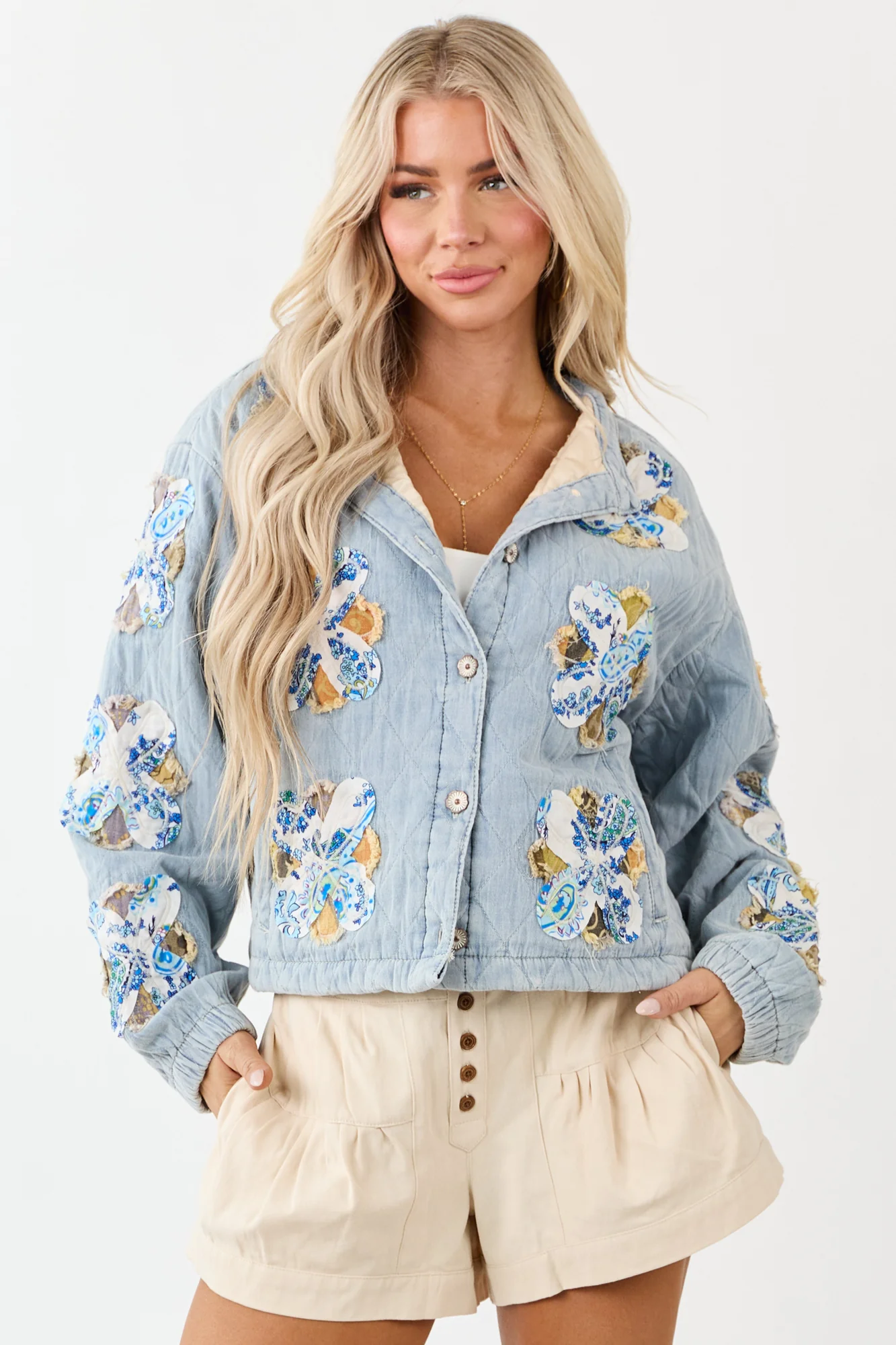 Quilted Floral Patch Denim Jacket with Boho Charm